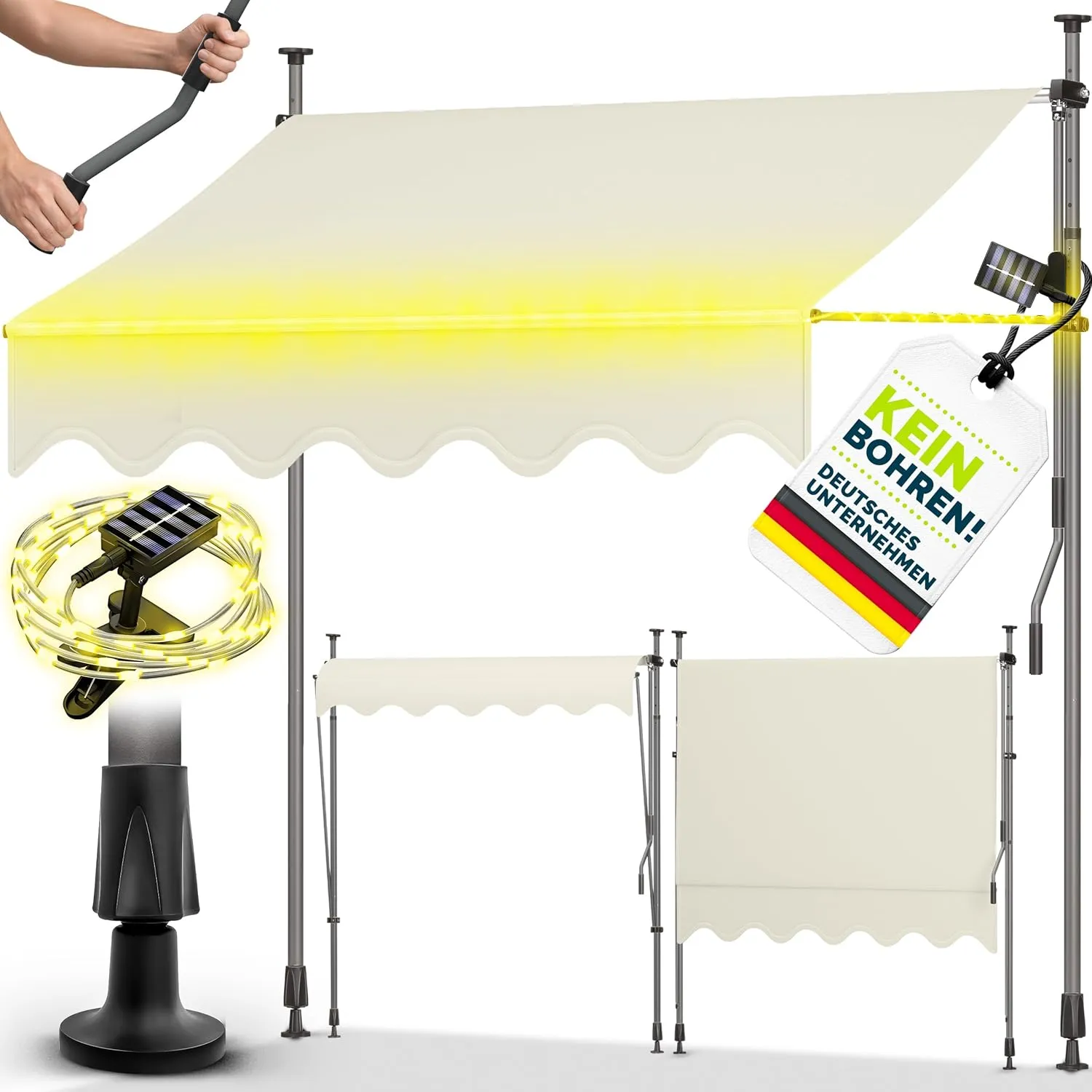 tillvex Klemmmarkise mit Handkurbel & LED Lichterkette Balkon | Balkonmarkise ohne Bohren | Markise UV-beständig & höhe…