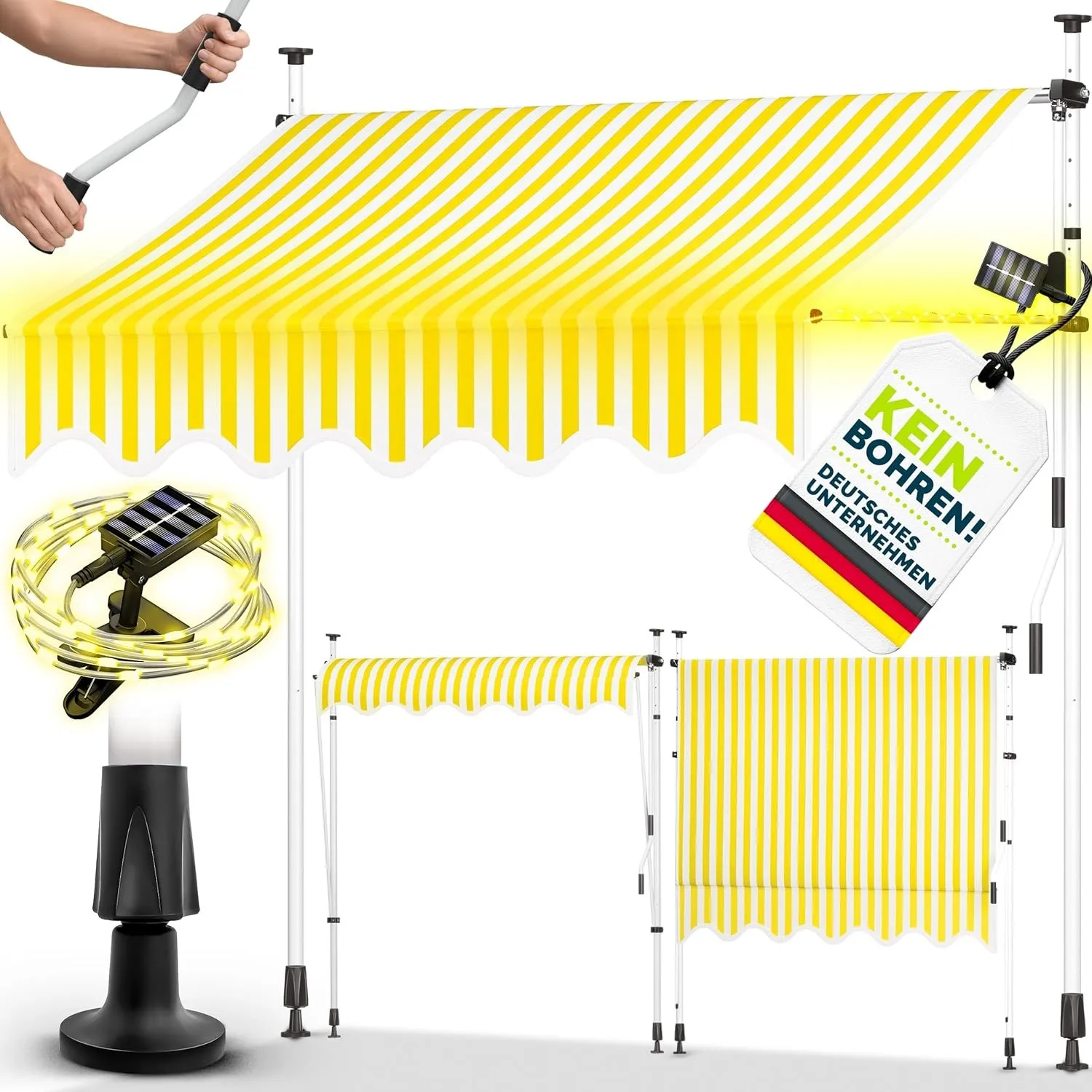 tillvex Klemmmarkise 300cm mit Handkurbel & LED Lichterkette Balkonmarkise | Markise Balkon UV-beständig, wasserdicht &…