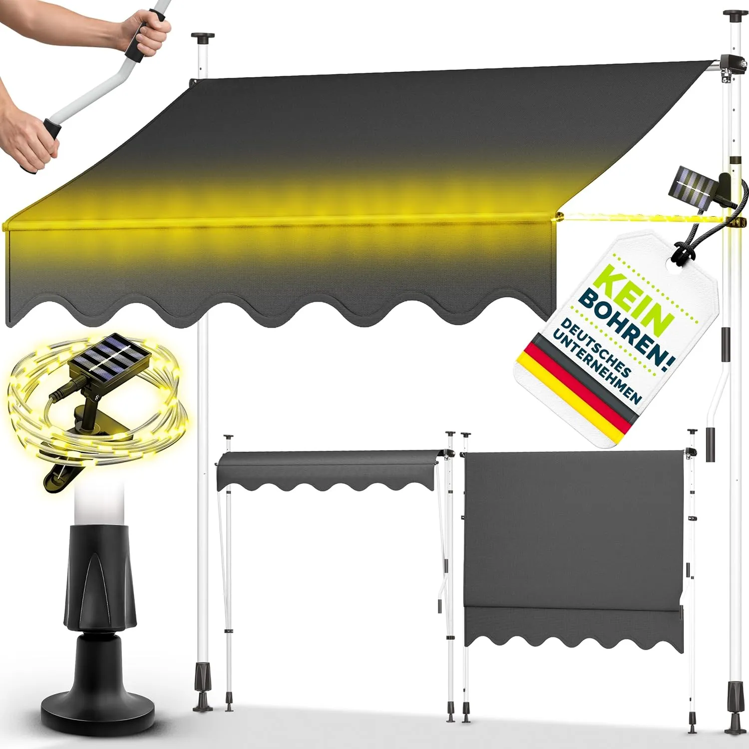 tillvex Klemmmarkise mit Handkurbel & LED Lichterkette Balkon | Balkonmarkise ohne Bohren | Markise UV-beständig & höhe…