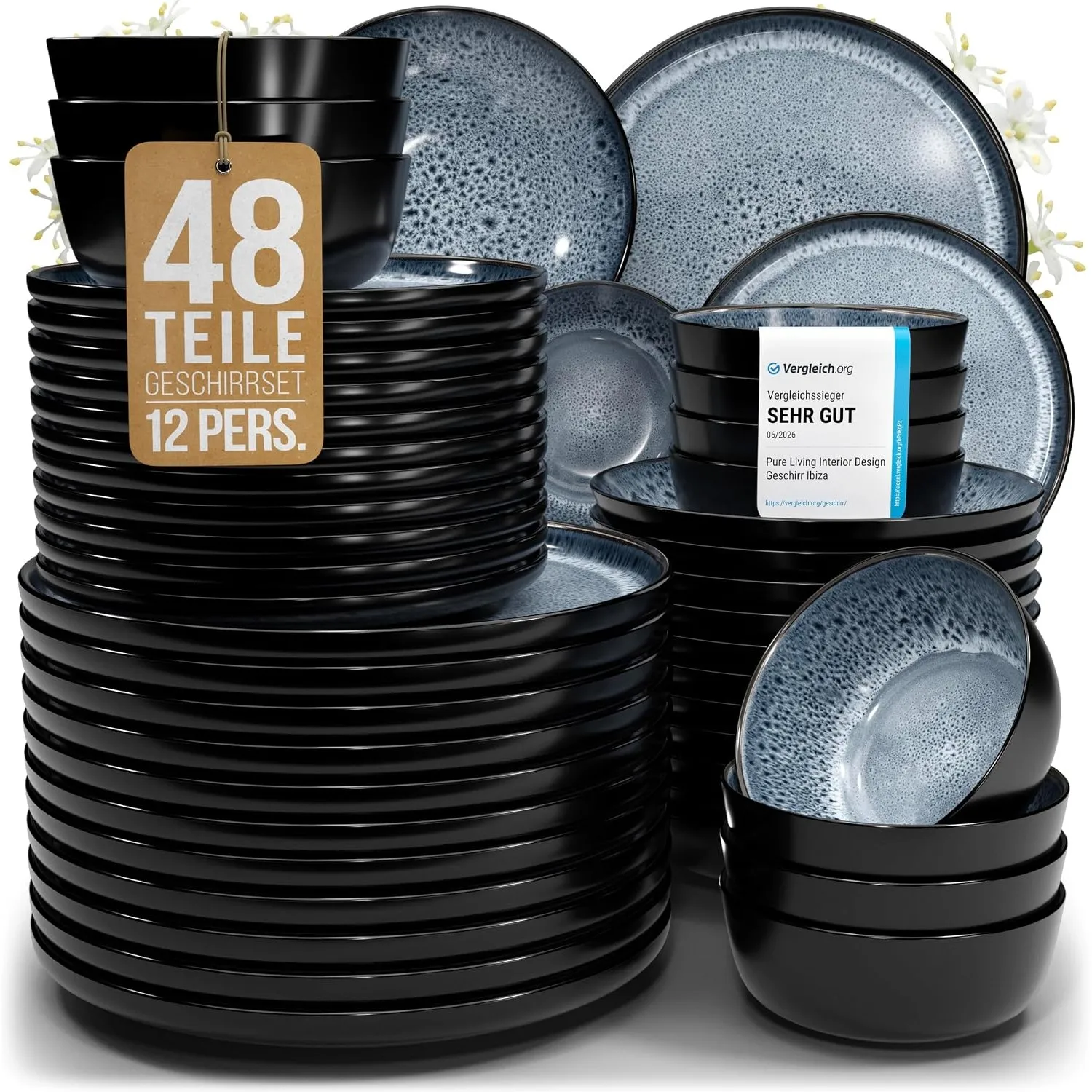 Steingut Geschirrset 12 Pers. Ibiza 48-tlg Hochwertiges Mediterranes Steingut Geschirr Set - Schüssel- und Teller Set -…