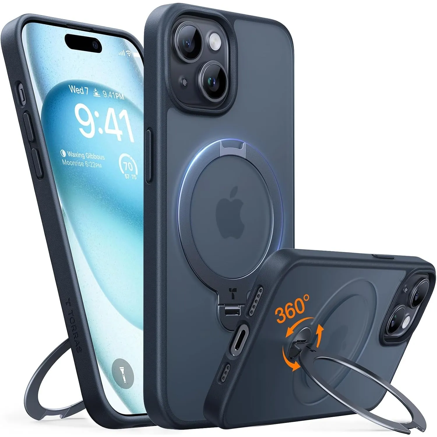 TORRAS Ostand Q3 Spin für iPhone 15 Hülle mit 360° Ständer Schwarz