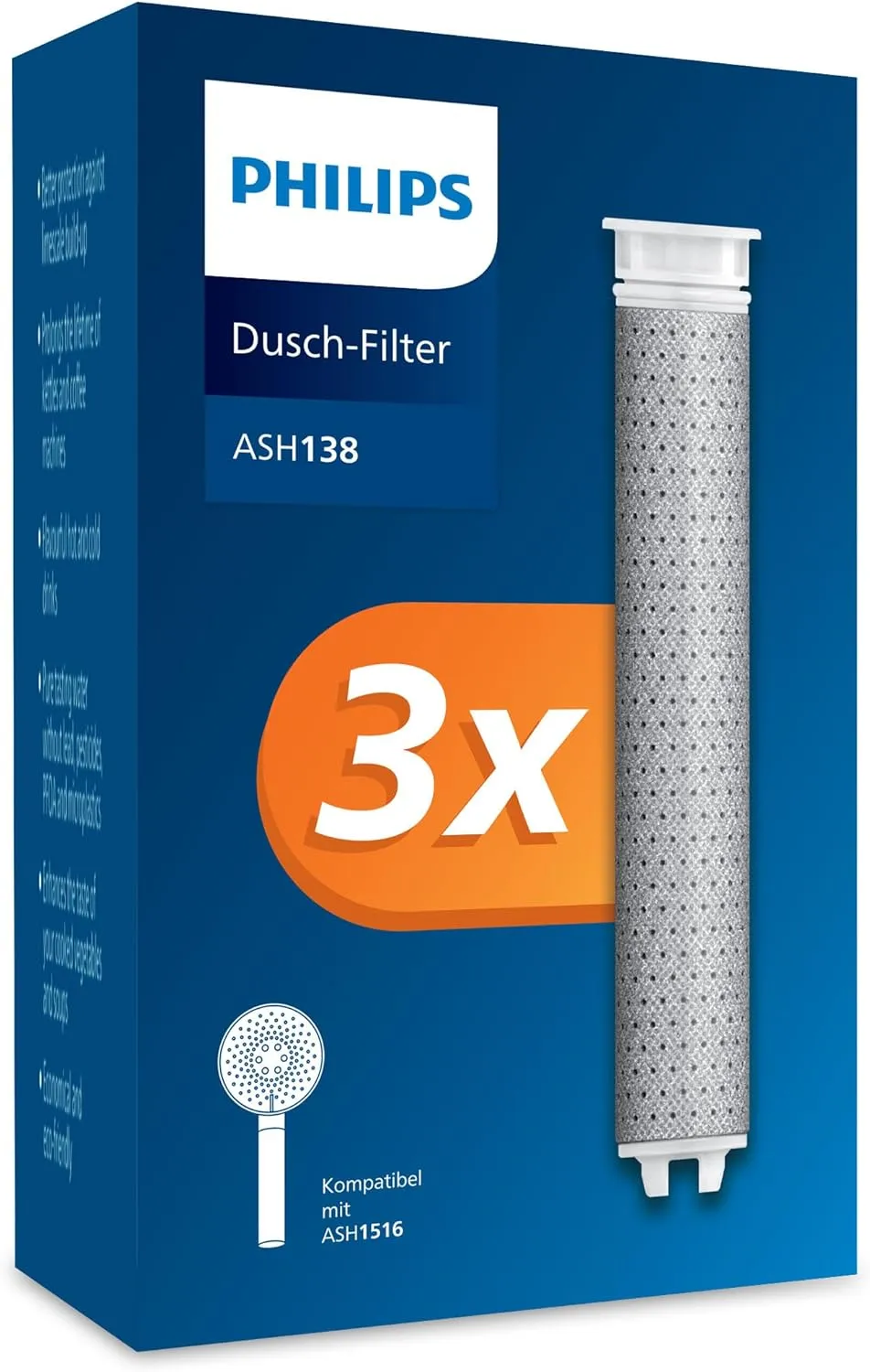 Philips Water Duschkopf mit Filter - Ersatzfilter 3 PACK, entfernt effektiv Chlor und andere große Partikel, 1 Monat Fi…