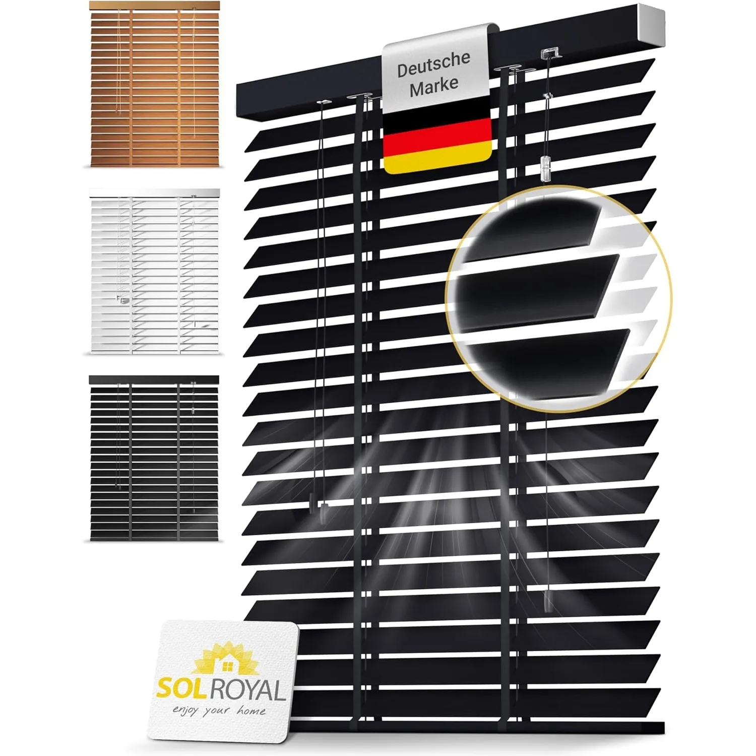 Sol Royal Holzjalousie 50 mm Lamellen extra breit Fensterjalousie Holzrollo | 110x250cm Schwarz einfache Montage Wand &…