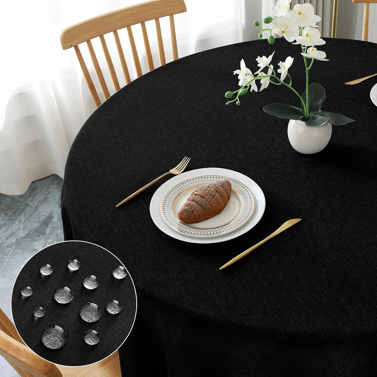 AooHome Tischdecke Rund Φ120cm, Schwarz Leinen-Optik Tischdecken Abwaschbar Tischtuch aus Polyester Wasserabweisend mit…