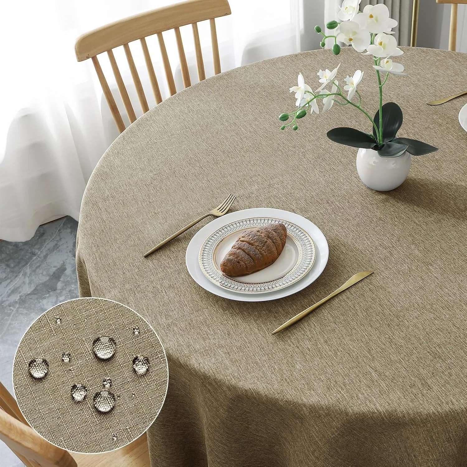 AooHome Tischdecke Rund Φ180cm, Kaffee Braun Leinen-Optik Tischdecken Abwaschbar Tischtuch aus Polyester Wasserabweisen…