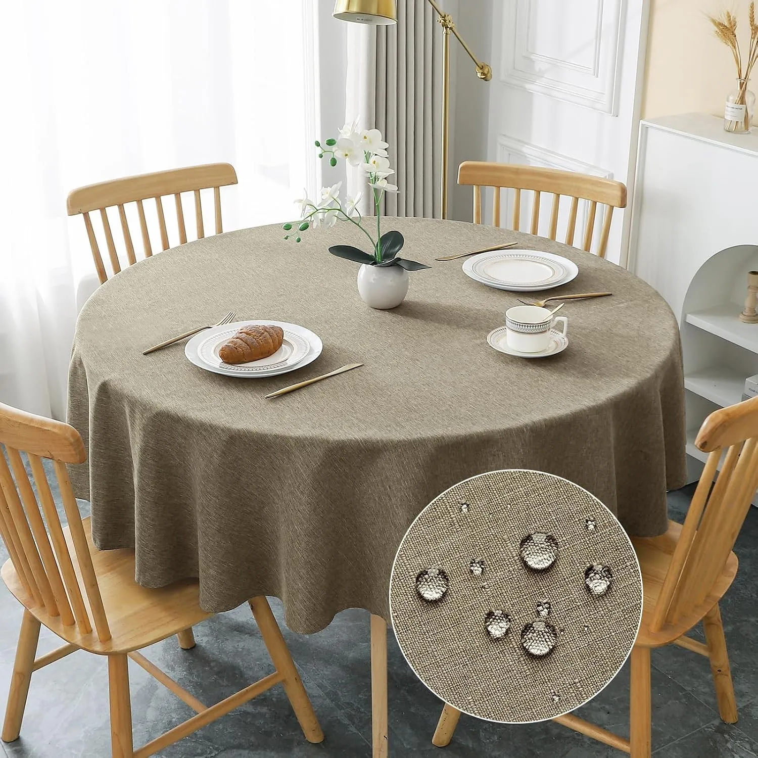 AooHome Tischdecke Rund Φ160cm, Kaffee Braun Leinen-Optik Tischdecken Abwaschbar Tischtuch aus Polyester Wasserabweisen…