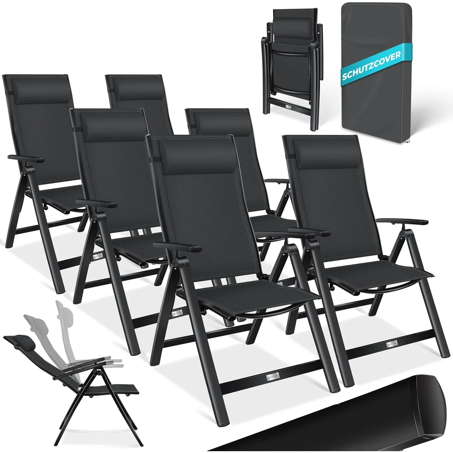 KESSER® Gartenstuhl Hochlehner mit Armlehnen 6er Set Aluminium Klappstuhl mit Kopfkissen & Abdeckung Campingstuhl 7-Fac…