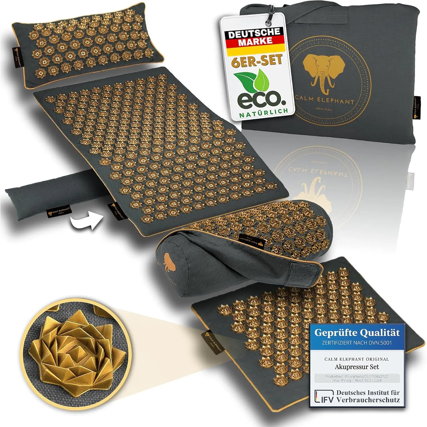 CALM ELEPHANT Luxus Akupressurmatte Rücken mit Kissen, XXL Set 6-tlg., grau | Massagematte Rücken, Verspannungen lösen,…