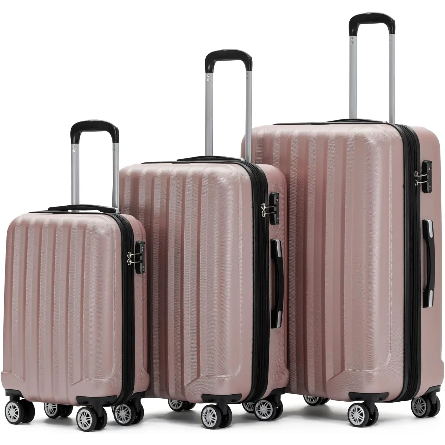 BEIBYE TSA-Schloß 2080 Zwillingsrollen 3 TLG. Reisekofferset Koffer Kofferset Trolley Trolleys Hartschale (Rosa Gold)