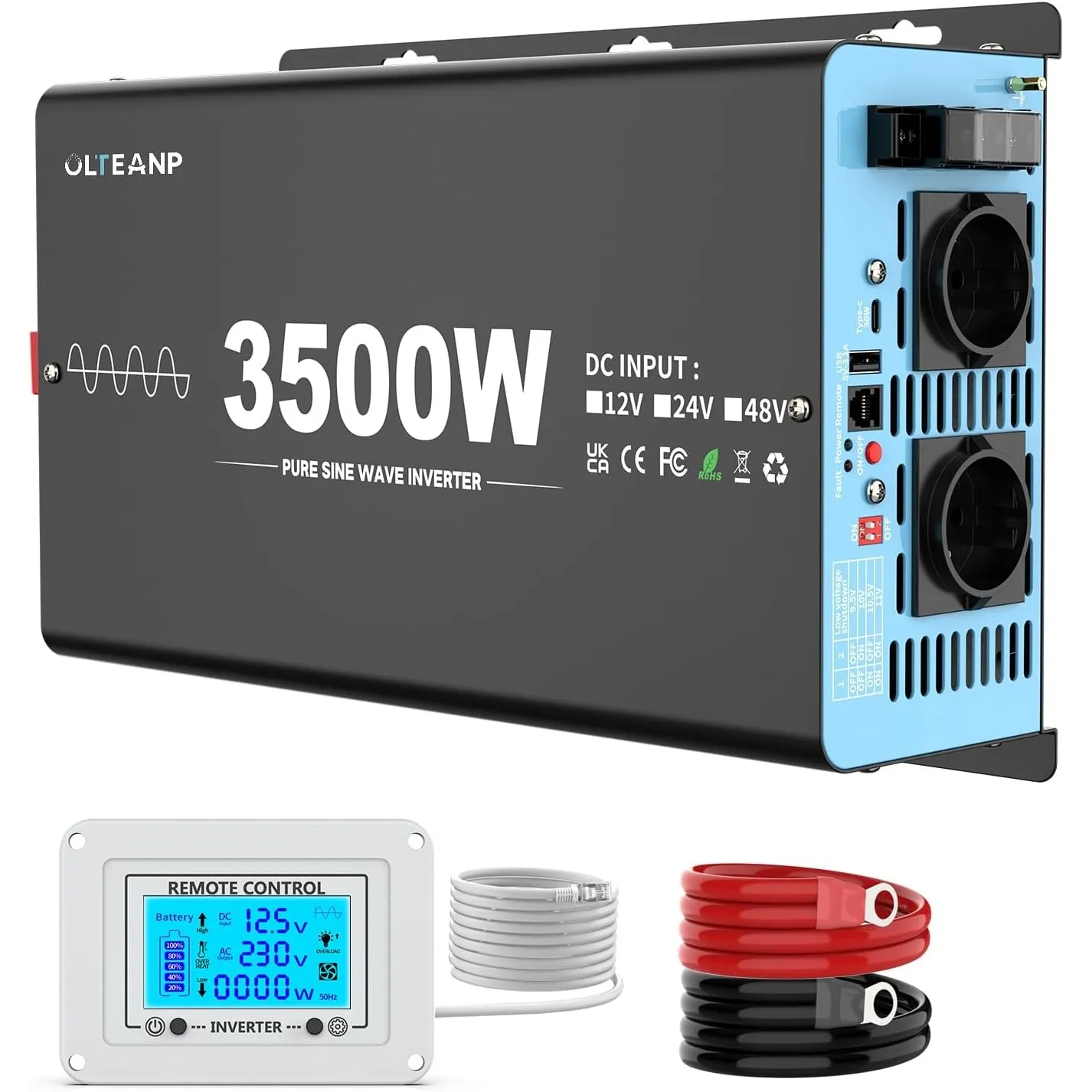OLTEANP 3500W/7000W Wechselrichter 12V auf 230V Reiner Sinus Spannungswandler Power Inverter mit 2 AC Steckdosen,Type-C…