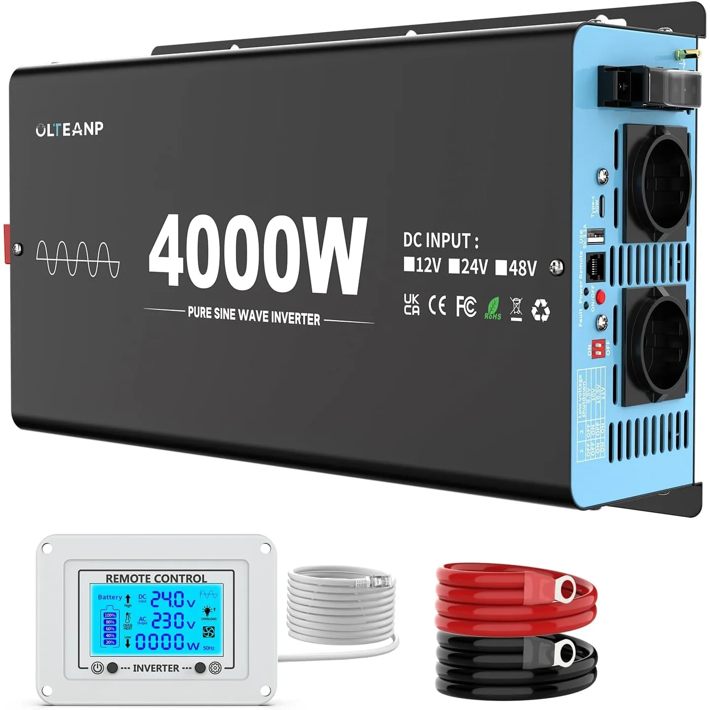 OLTEANP 4000W Wechselrichter Reiner Sinus 24V auf 230V KFZ Spannungswandler mit LCD-Bildschirm-Fernbedienung, 2 AC Stec…