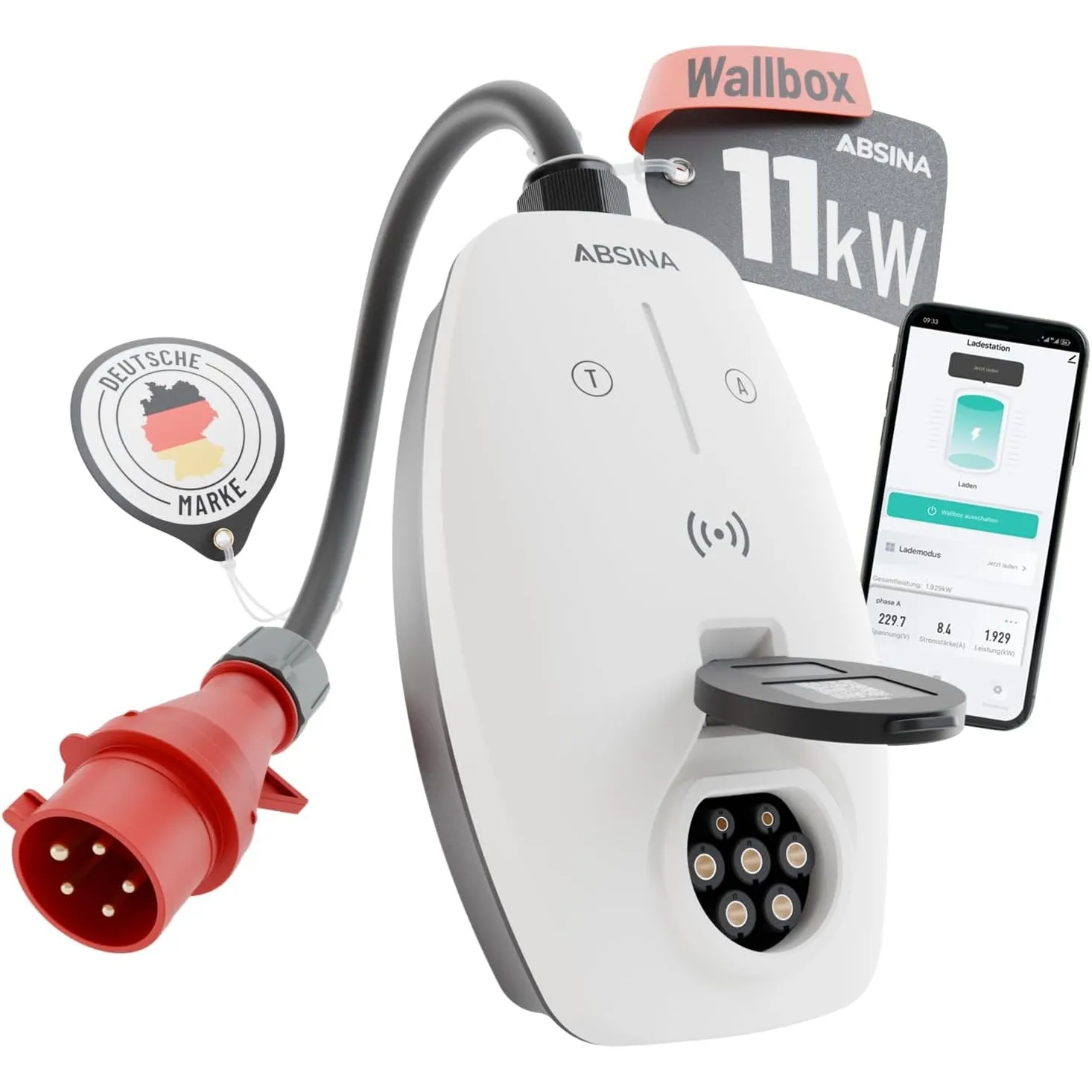 ABSINA Mobile Wallbox 11kW mit App Steuerung & Einstellbarer Ladeleistung