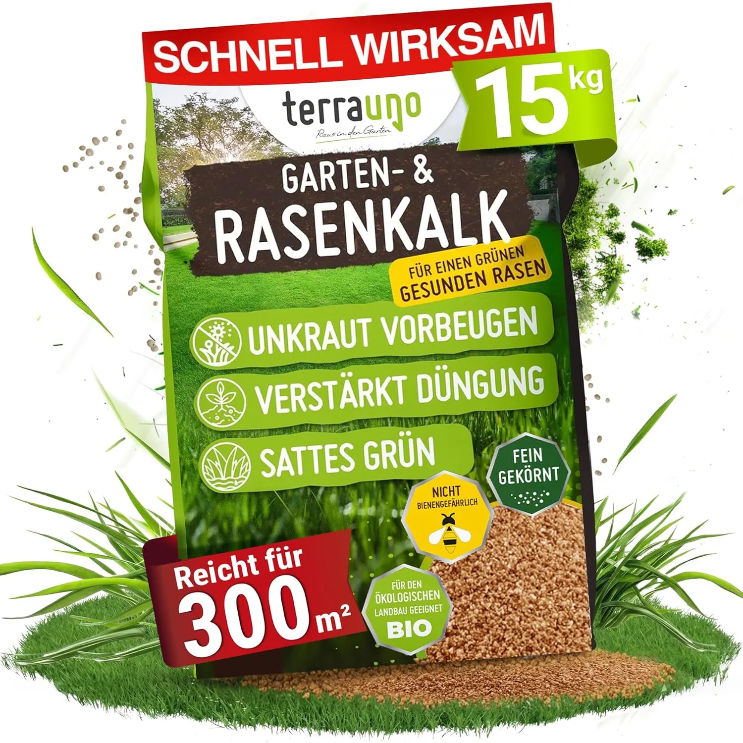 TerraUno Rasenkalk Frühjahr & Herbst, bei Moos und Unkraut im Rasen, verstärkt die Düngung, verbessert pH-Wert & Bodens…