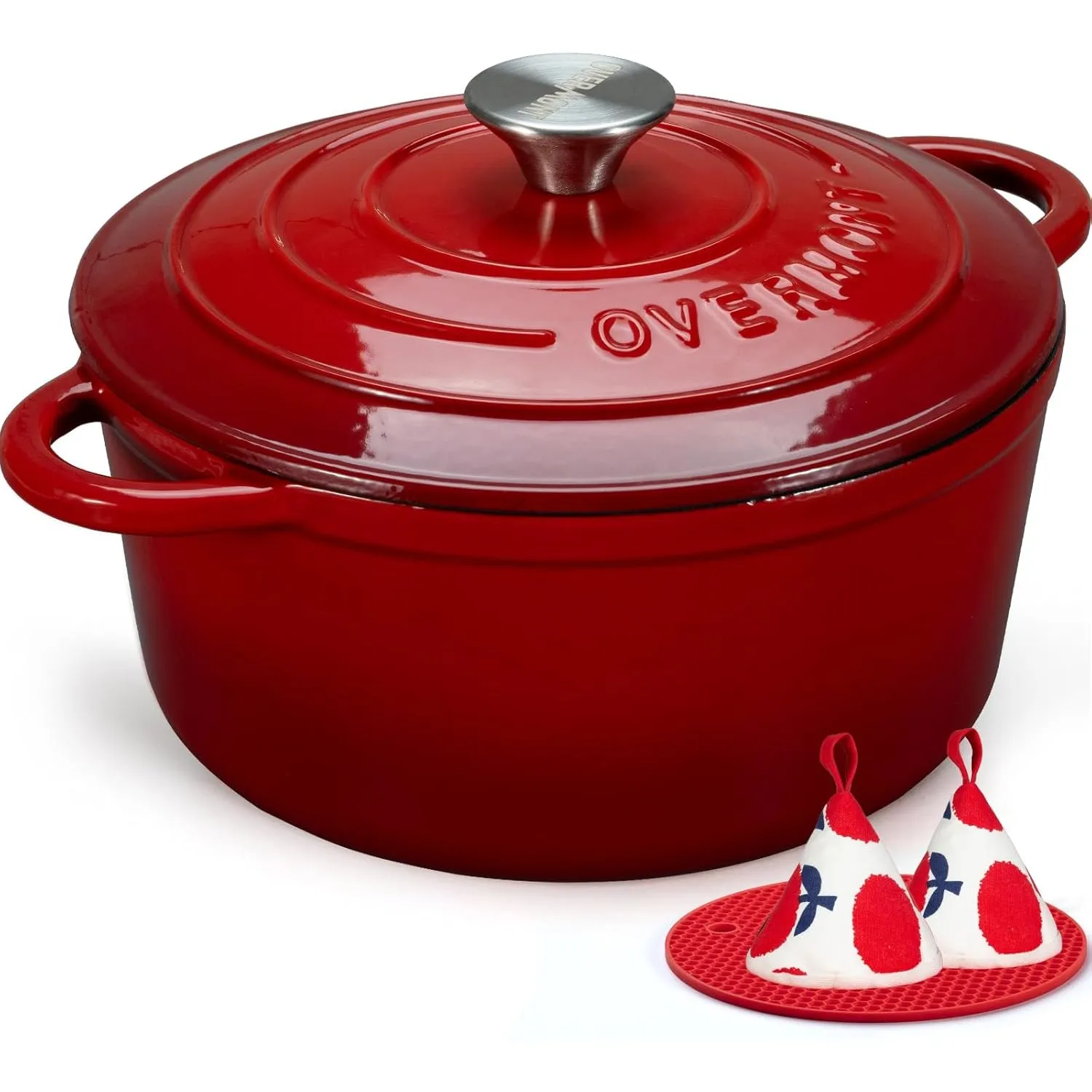 Overmont Bräter emaille Gusseisen Topf - Schmortopf 24cm backofengeeignet - mit Deckel und Kochbuch - für Küche Backen …