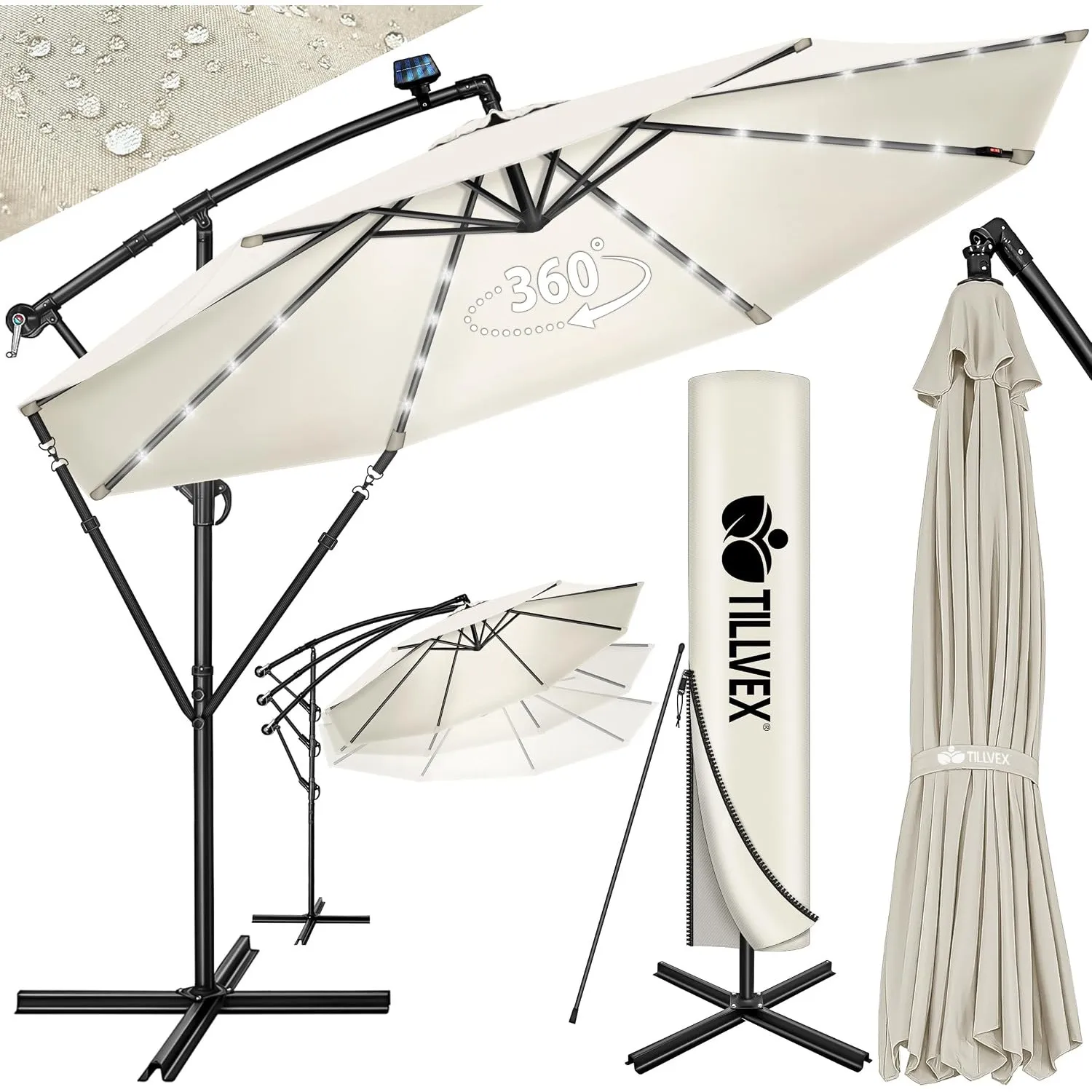 tillvex® Sonnenschirm Solar Ø 300/350 cm + Abdeckung & LED Beleuchtung | Ampelschirm mit Kurbel & Ständer | Gartenschir…