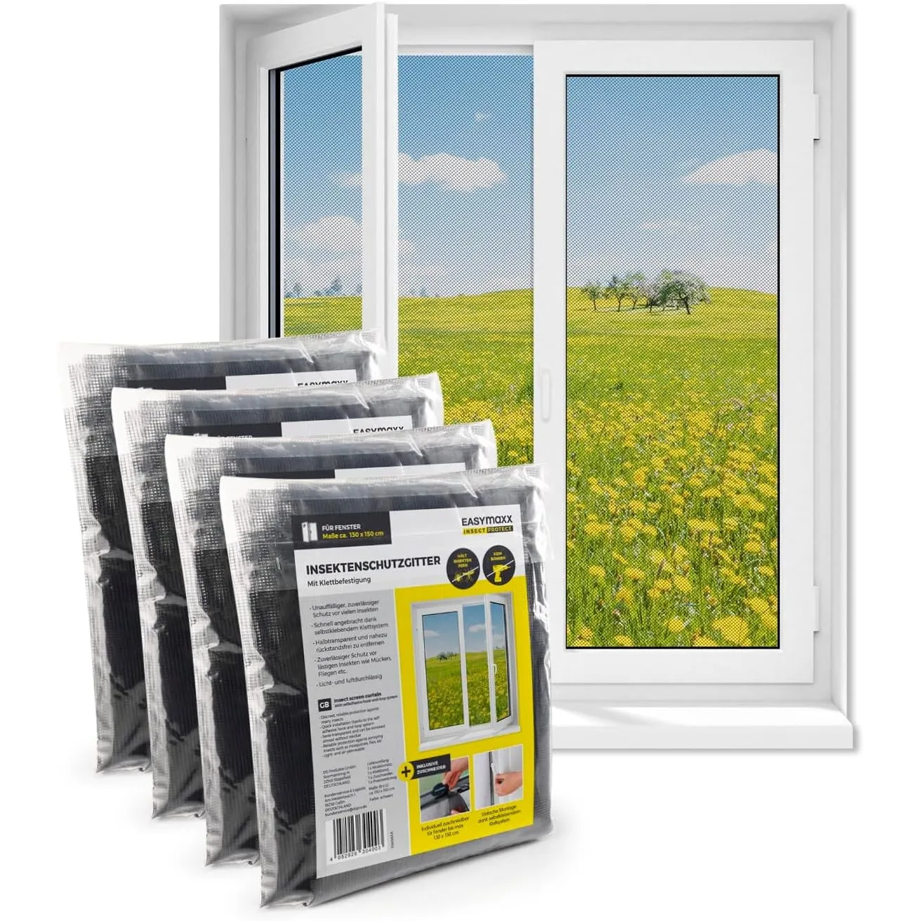 EASYmaxx Fliegengitter für Fenster mit Klettverschluss | Moskitonetz zuschneidbar bis 150x130cm | Einfache Montage des …