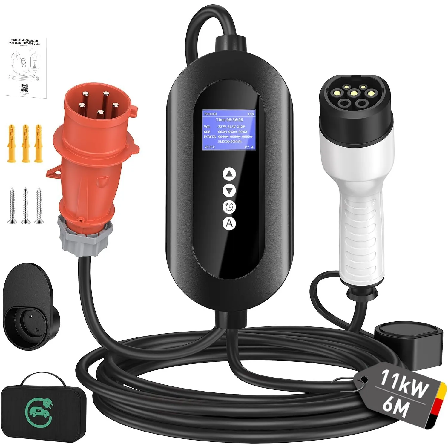 11kW Mobile Wallbox[3-phasig,6m,8-16A], Typ 2 Ladekabel mit 16A CEE Adapter