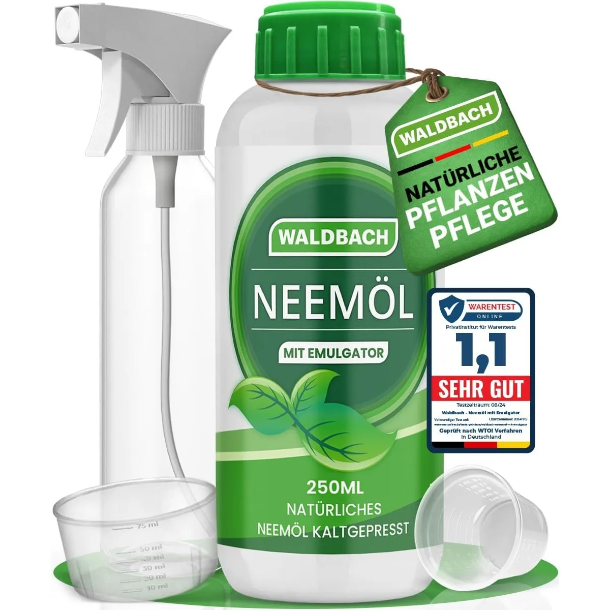 Neemöl mit Emulgator [250ml] - Natürliches Neemöl für Pflanzen mit Sprühflasche und Messbecher - 25 Liter sprühfertige …