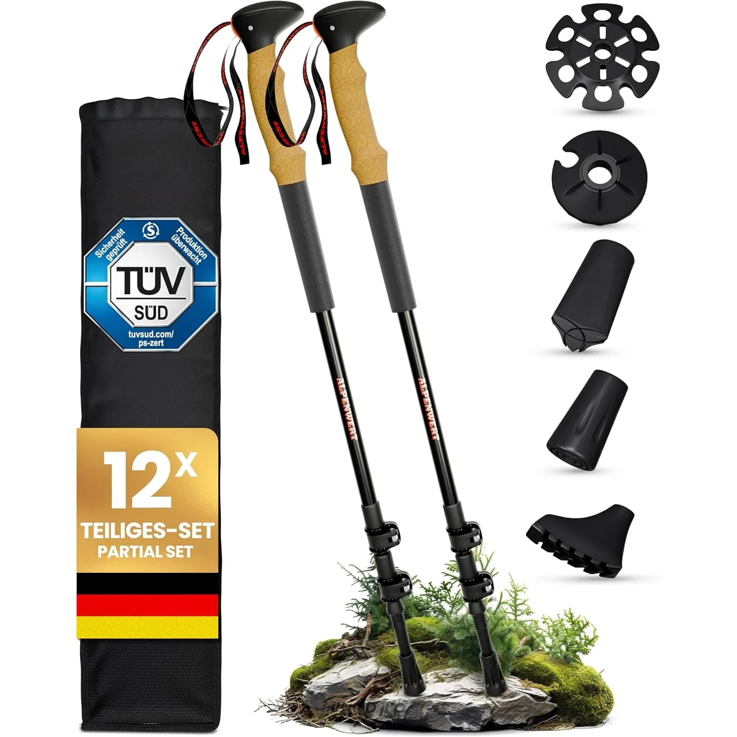 ALPENWERT Wanderstöcke [Carbon oder Aluminium] Walking Stöcke für Damen und Herren - Teleskop Trekkingstöcke mit Korkgr…