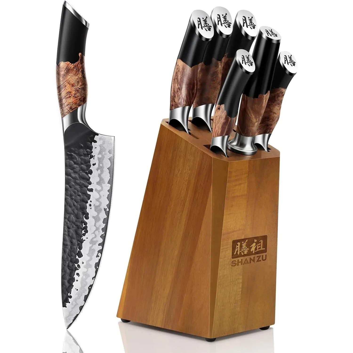 SHAN ZU Messerset 7 teilig, Japanisches Küchenmesser Set mit Block, 7 Schichten Hochwertigem Carbon Stahl Scharf Messer…