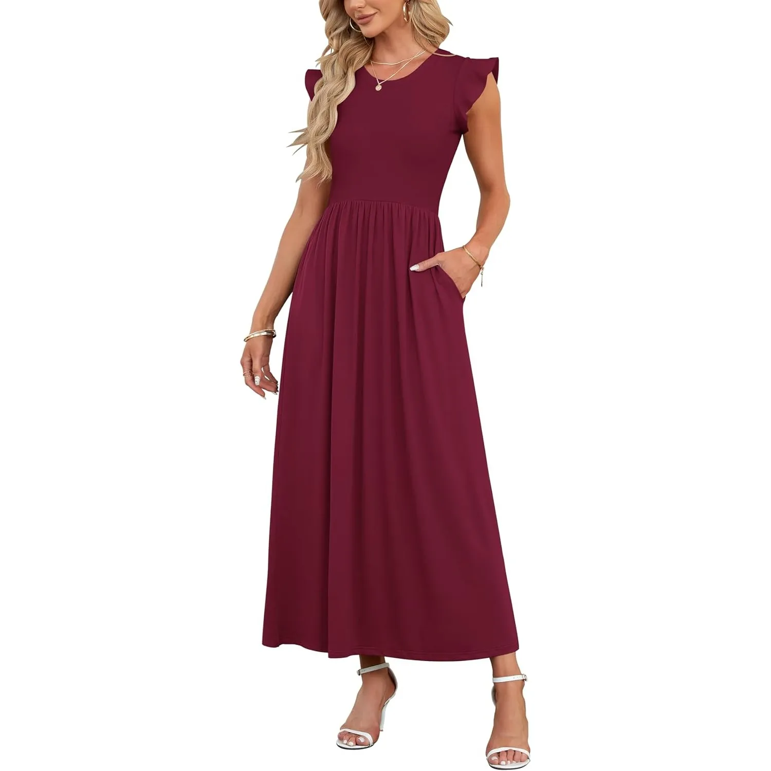 AUSELILY Damen Sommer Rundhalsausschnitt Maxi Kleid mit Taschen Kurzarm und Rüschen Lässiges Hohe Taille Langes Lockere…