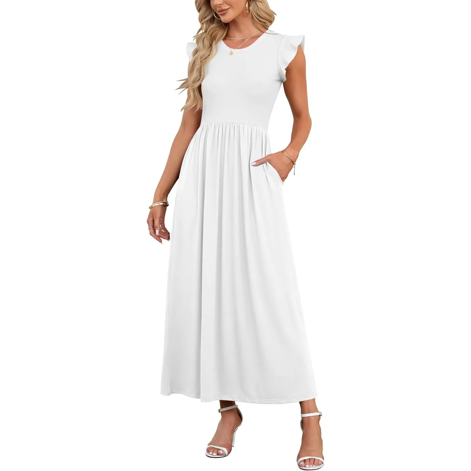 AUSELILY Sommer Maxikleider Dame mit Taschen Hohe Taille Lang Strandkleid | Elegante Blütenblatten Kurzarm Rundhals A L…
