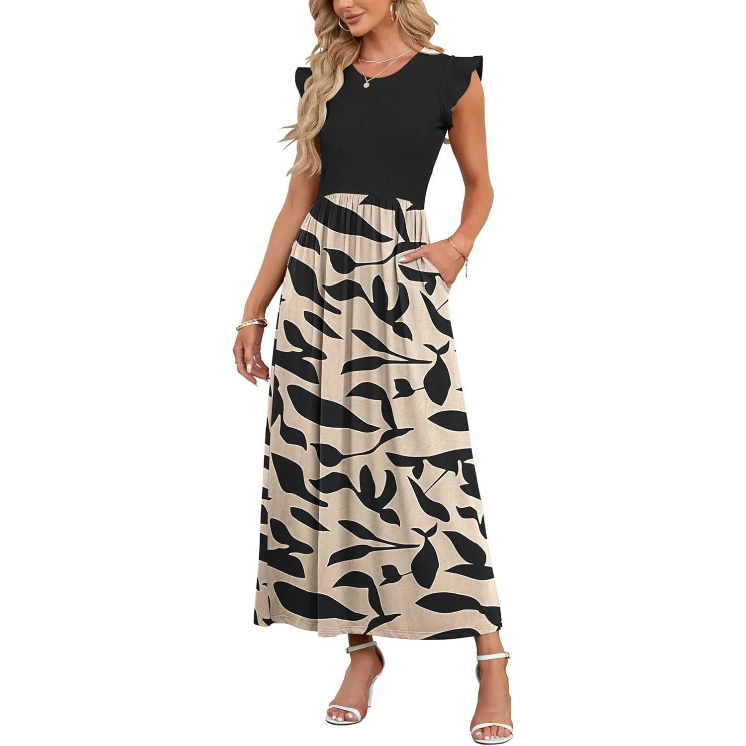 AUSELILY Damen Sommer Rundhalsausschnitt Maxi Kleid mit Taschen Kurzarm und Rüschen Lässiges Hohe Taille Langes Lockere…