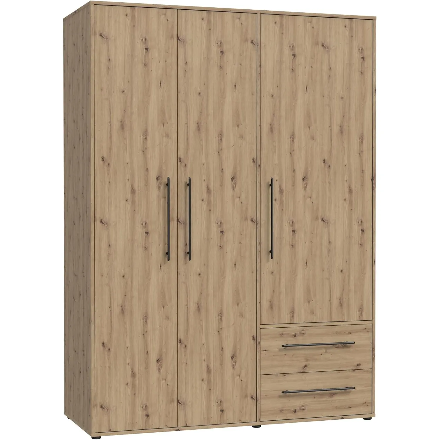 FORTE Jupiter Schrank 140 150, Kleiderschrank, Drehtürenschrank, 3-türig, mit 2 Schubladen und Einlegeböden, Holz Dekor…