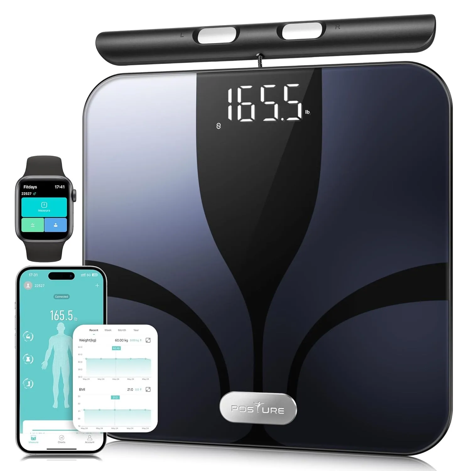Posture Körperfettwaage, Personenwaage Digitale 8 Elektroden für Körpergewicht und Körperfettanteil, BMI und 28 Körperm…