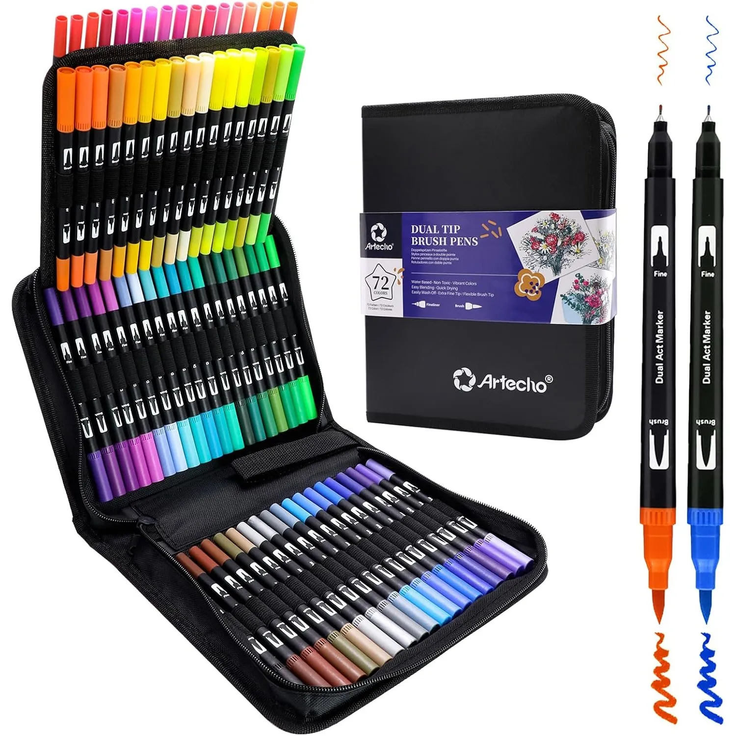 Artecho Dual Brush Pen Set 72 Farben mit Schwarzer Tragetasche, Filzstifte Dicke und Dünne, Pinselstifte set, Stifte fü…