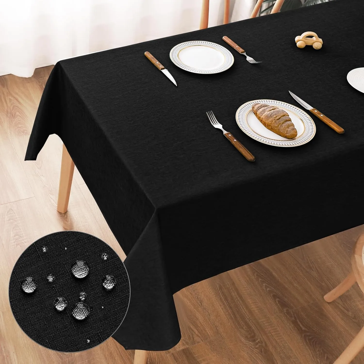 AooHome Tischdecke Abwaschbar, Schwarz Tischdecken 100x140cm Leinen-Optik Tischtuch aus Polyester Wasserabweisend mit L…