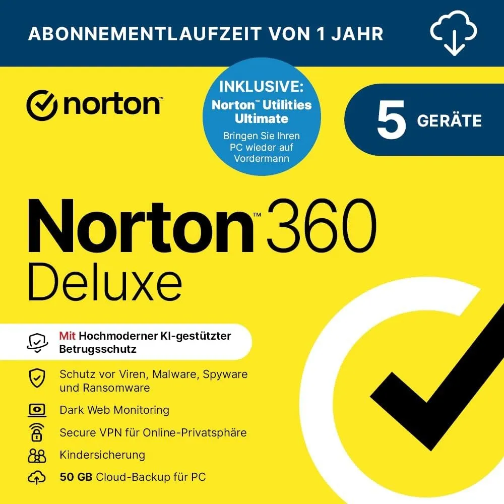 Norton 360 Deluxe inkl. Utilities Ultimate 2025 | 5 Geräte | 1 Jahr | Aktivierungscode per Email