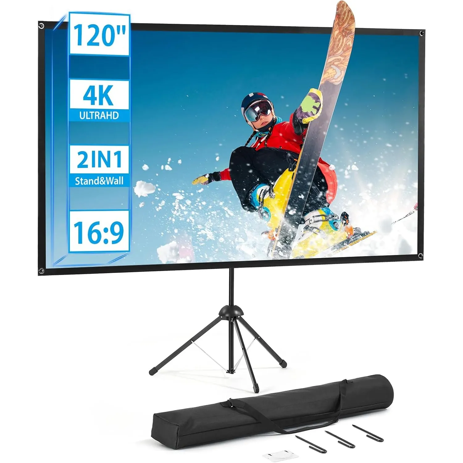Beamer Leinwand mit Stativ, Tragbar Projektor Leinwand 120 Zoll, 16:9, 4K HD ProjektionLeinwand, Leicht und Kompakt, tr…