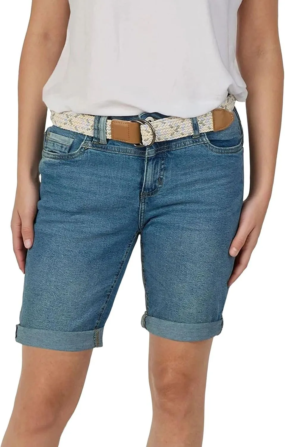 DENIMFY DFLena Women's Jeans Shorts with Belt Regular Fit Shorts Summer Denim Stretch Basic Plain Blue S M L XL XXL