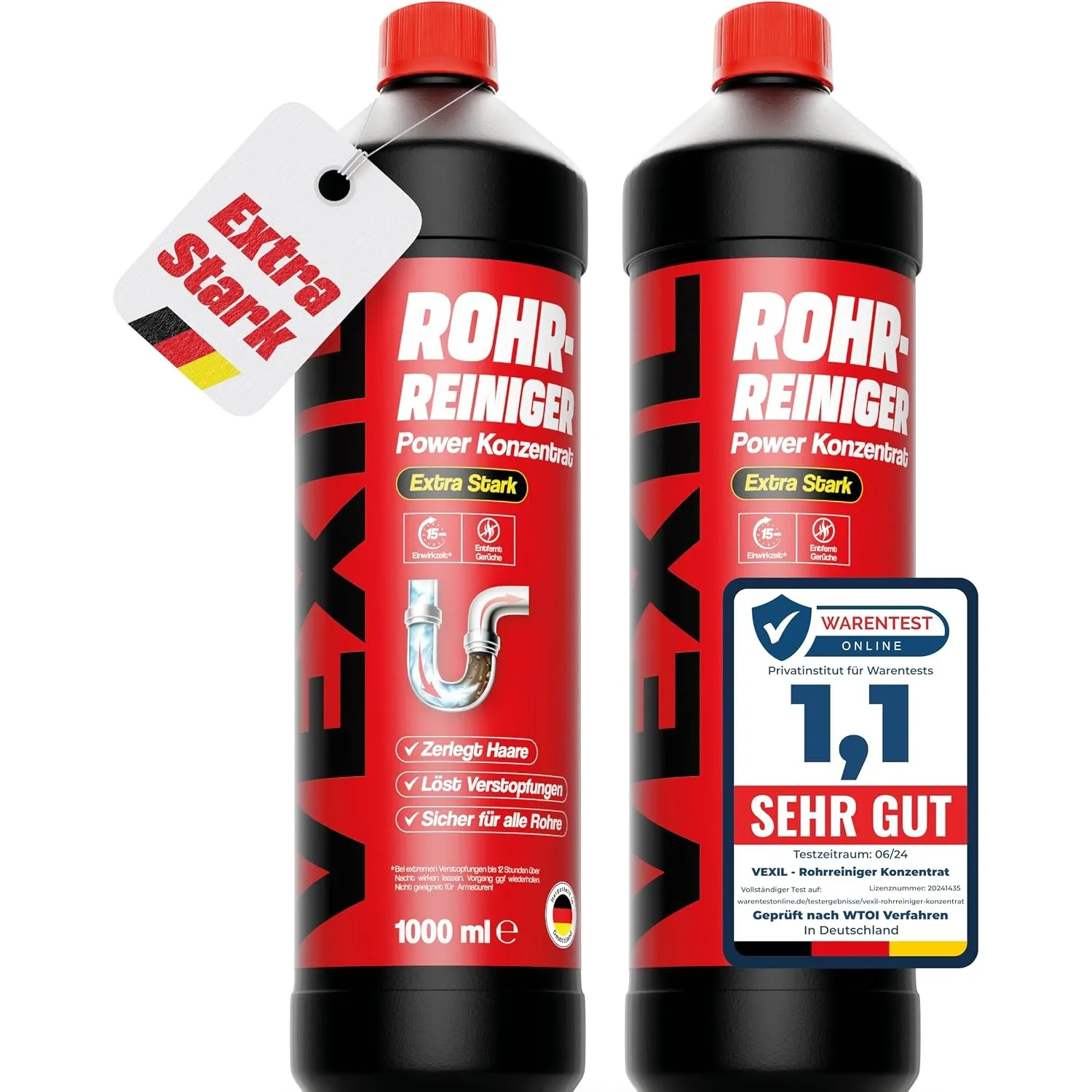 VEXIL Rohrreiniger - Profi Abflussreiniger EXTRA STARK für Extremfälle - 2x 1L Power Konzentrat löst hartnäckigste Vers…