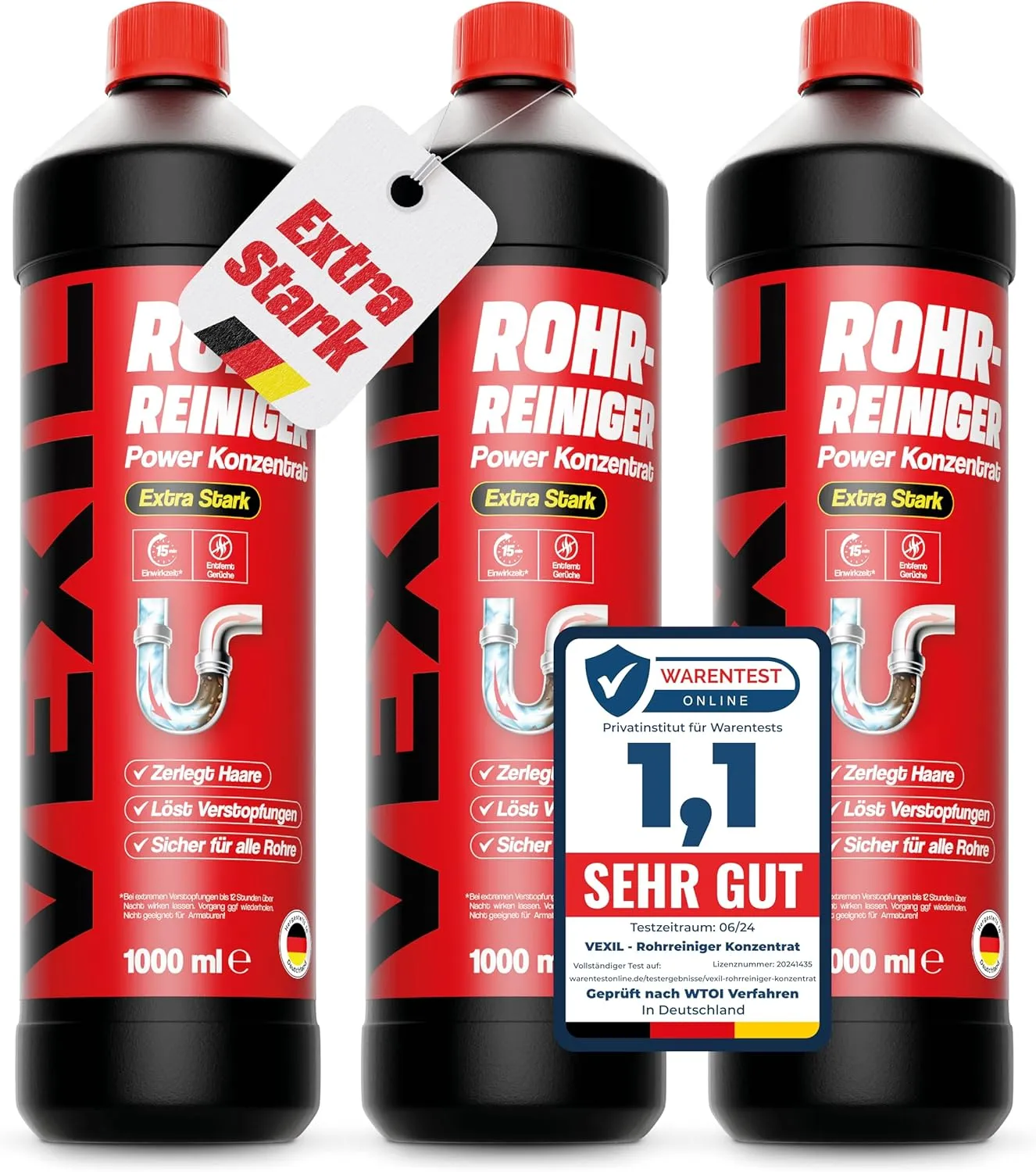 VEXIL Rohrreiniger - Profi Abflussreiniger EXTRA STARK für Extremfälle - 3x 1L Power Konzentrat löst hartnäckigste Vers…