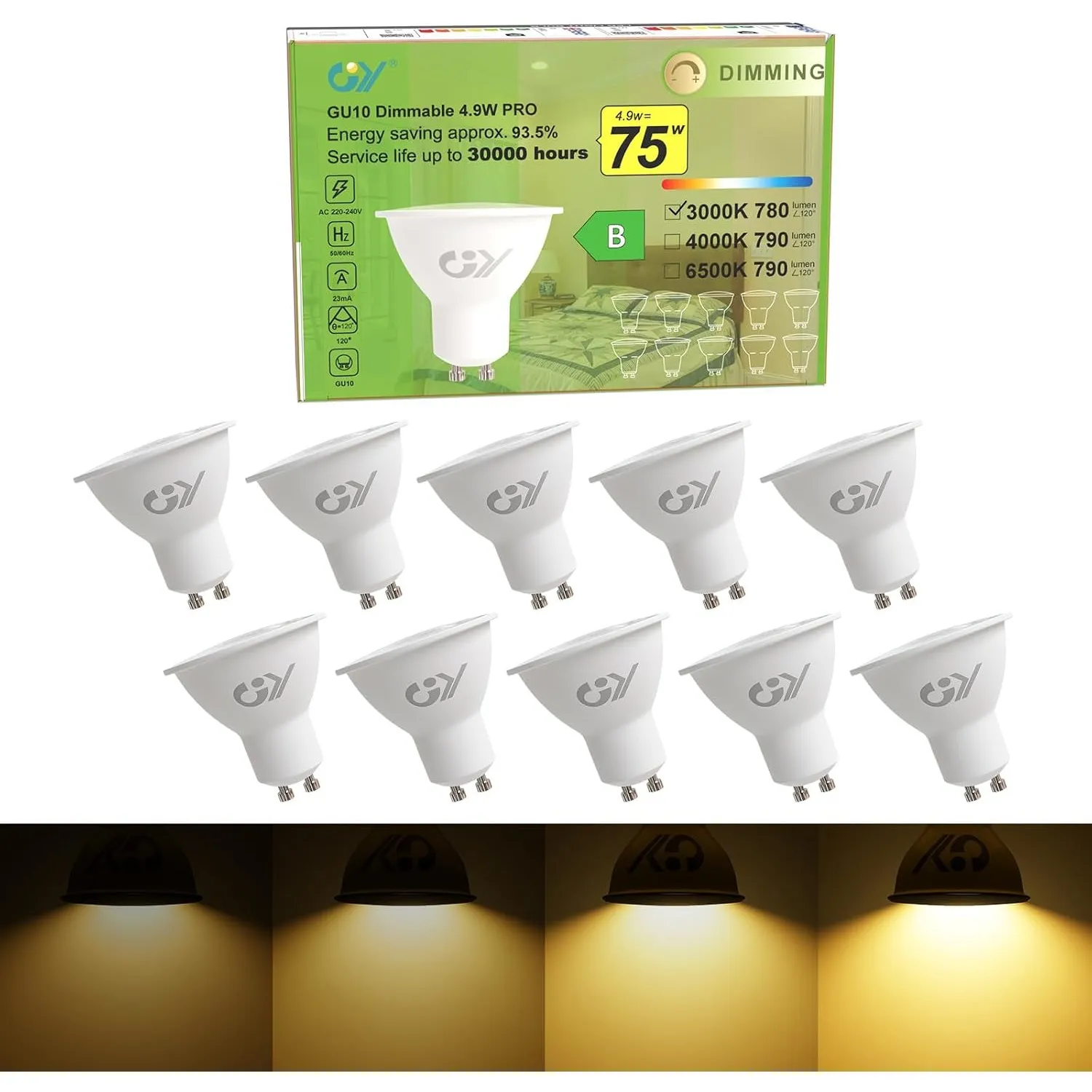 GY GU10 Led Dimmbar Warmweiss Lampe, 4.9W 780 Lumen 3000K Warmweiß Glühbirnen,75W lampe ersetzt,Abstrahlwinkel 120° Leu…