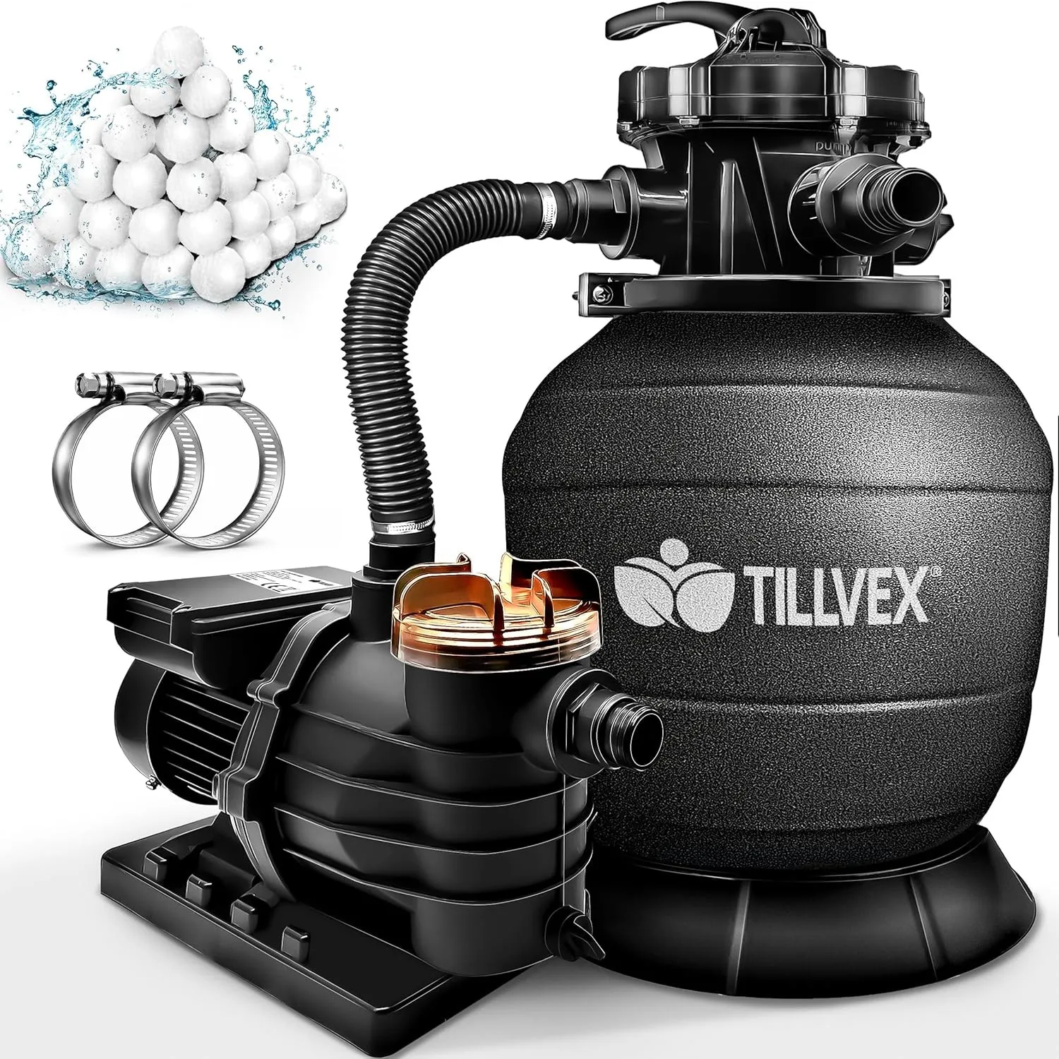 tillvex Sandfilteranlage Pool 10 m³/h inkl. 800g Filterbälle | Filteranlage 7-Wege Ventil & 2in1 Adapter Ø32mm - 38mm |…