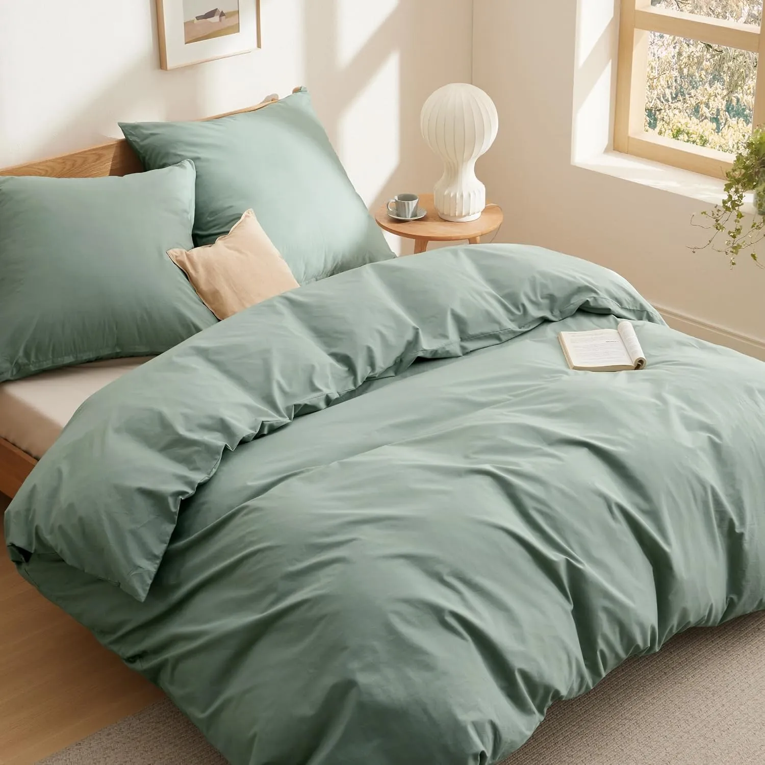 BEDSURE Bettwäsche 220x240 Baumwolle 3tlg. - Salbeigrün Set 2x80x80 Kissen