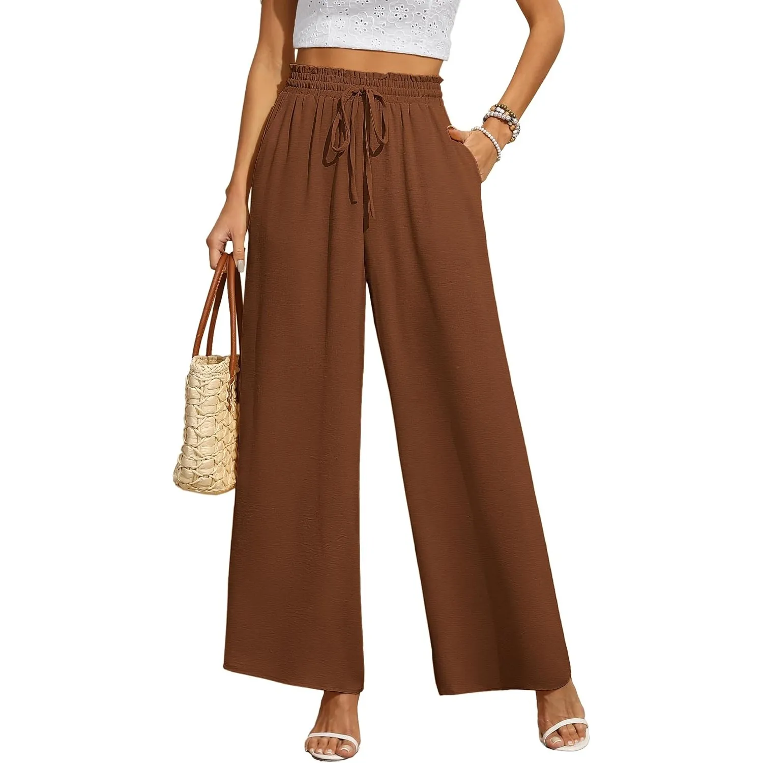 BEIGAI Damen Hosen Weites Bein Stoffhose Locker Gerade Leichte Palazzo Hose | Hohe Taille Dehnbar Lounge Freizeithose, …