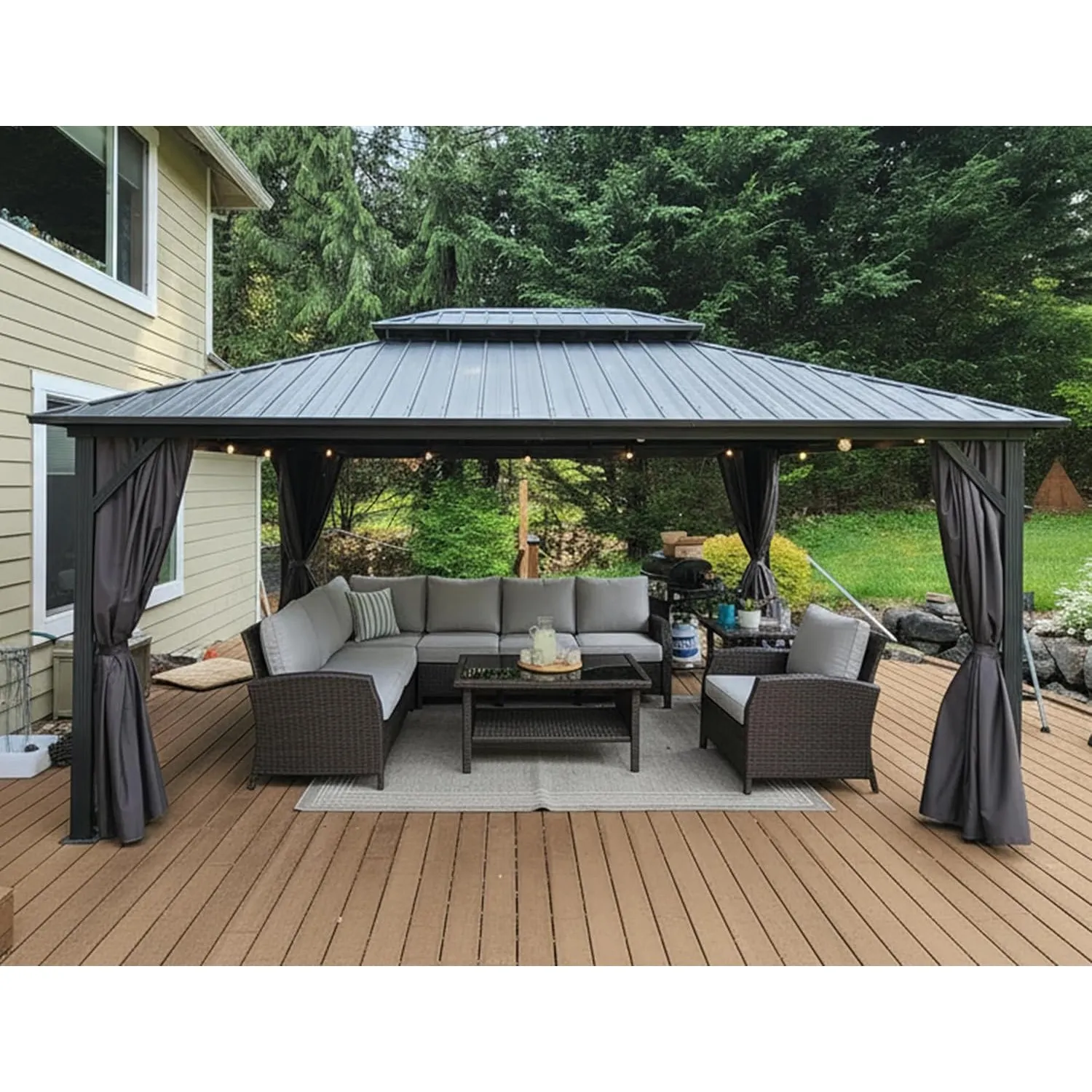 PURPLE LEAF Pavillon 3.65 x 4.85 m Stahldach Seitenteilen Basisch, Grau