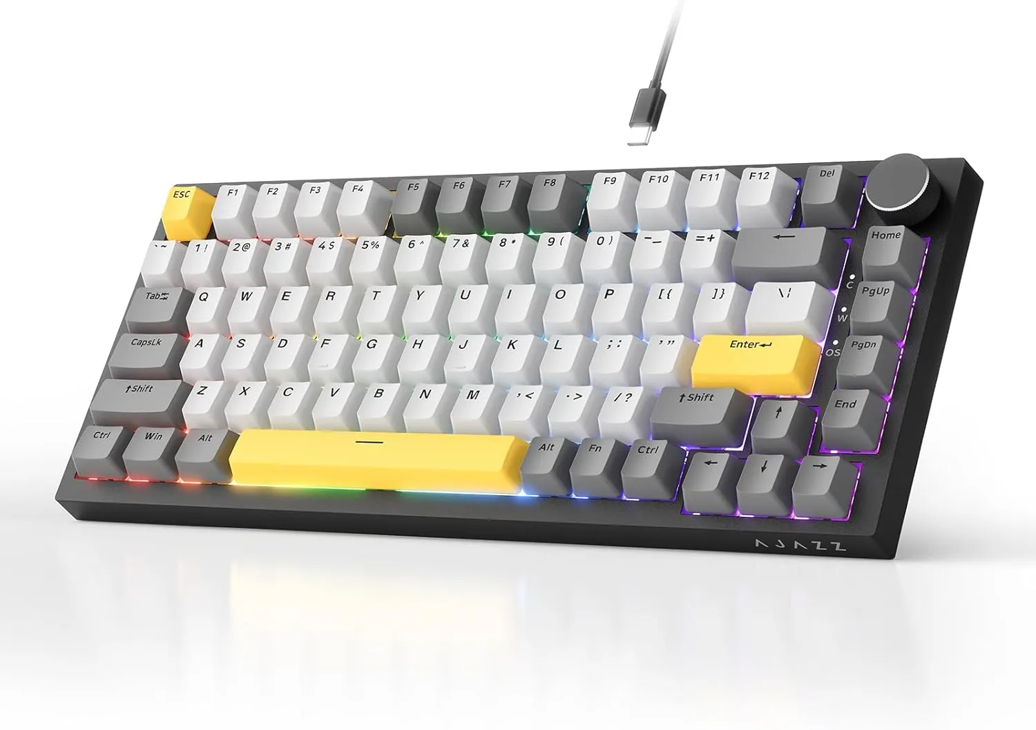 AJAZZ AK820 Wired Mechanical Keyboard, 75% Gaming Keyboard with Volume Control Knob, PBT Keycaps, 82 Keys, Five-Layer S…