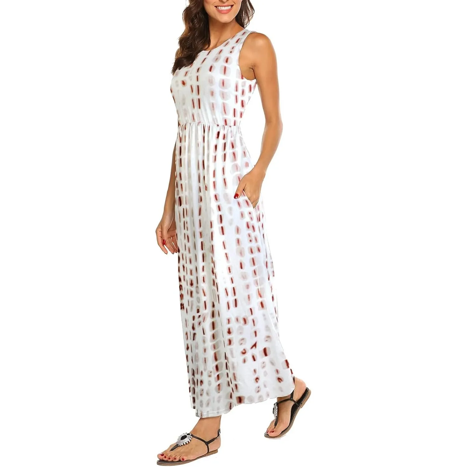 BDTECAOR Maxikleid Damen Sommer Boho Ärmellos Strandkleider Lässige Lange Tank Kleid mit Taschen