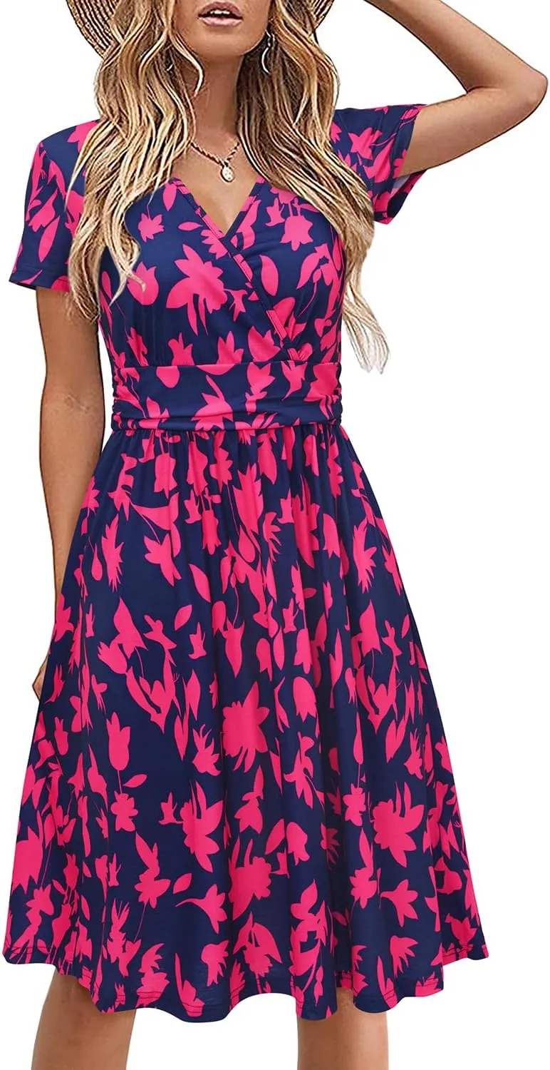 STYLEWORD Women's Summer Dress, Short Sleeve, V-Neck Dress, Floral Pattern, Wrap Dress with Pockets