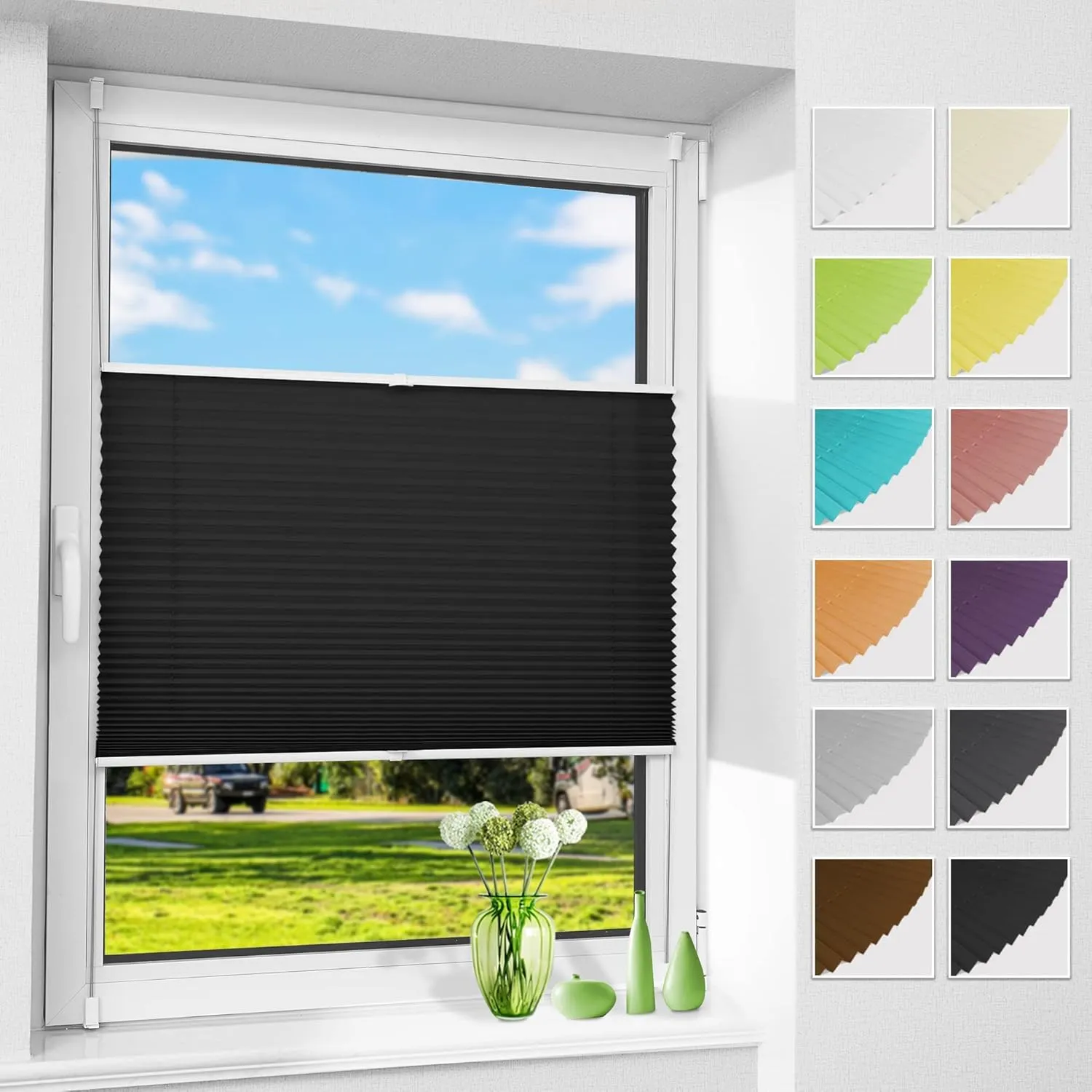 Allesin No-Drill Pleated Blind with Klemmfix, Black 85 x 130 cm (W x H), Folding Roller Blind with Clamping Brackets, V…