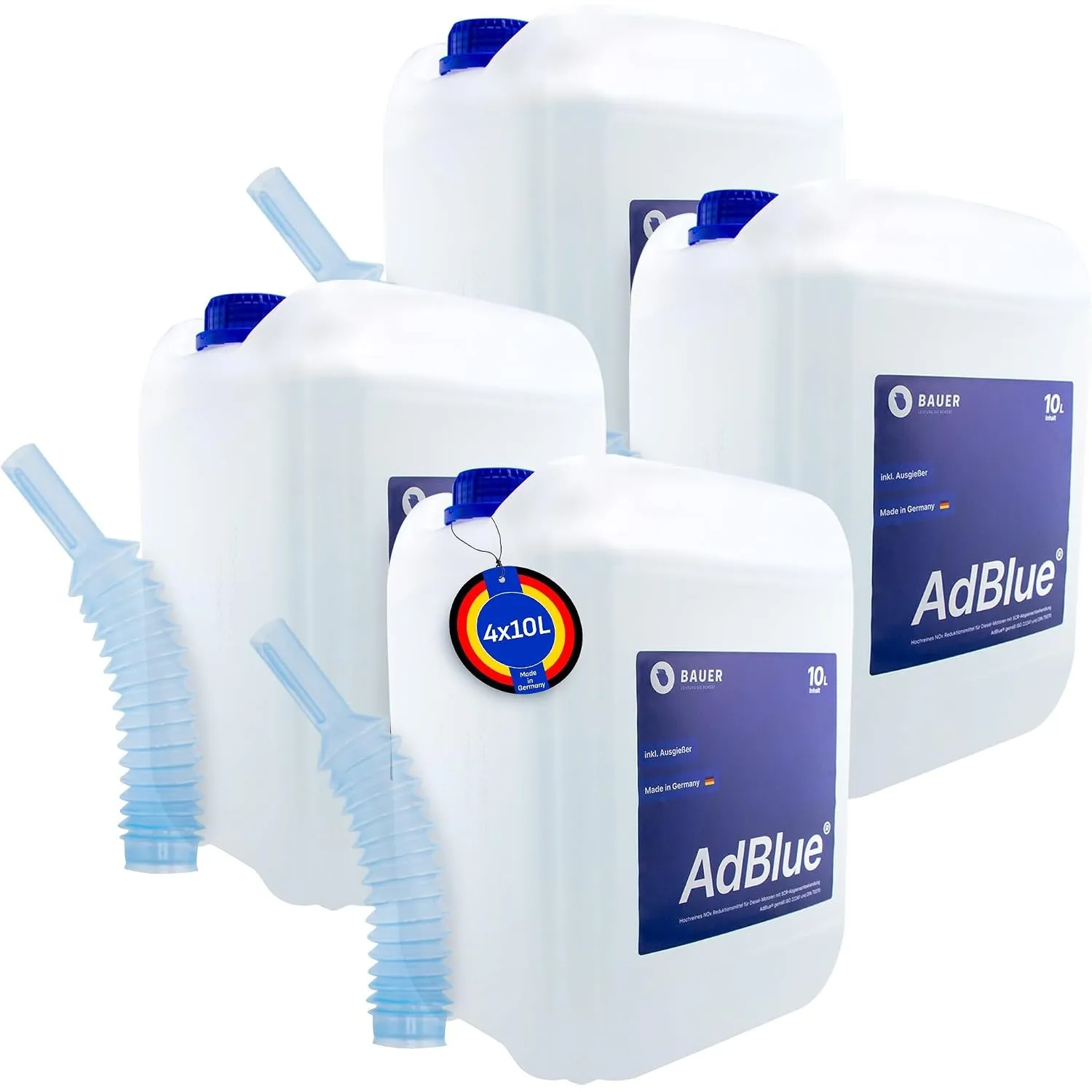 Adblue – 4x10 Liter Kanister mit Flex-Ausgießer – für Diesel Motoren – Herstellung nach ISO 22241 – Premium Harnstofflö…