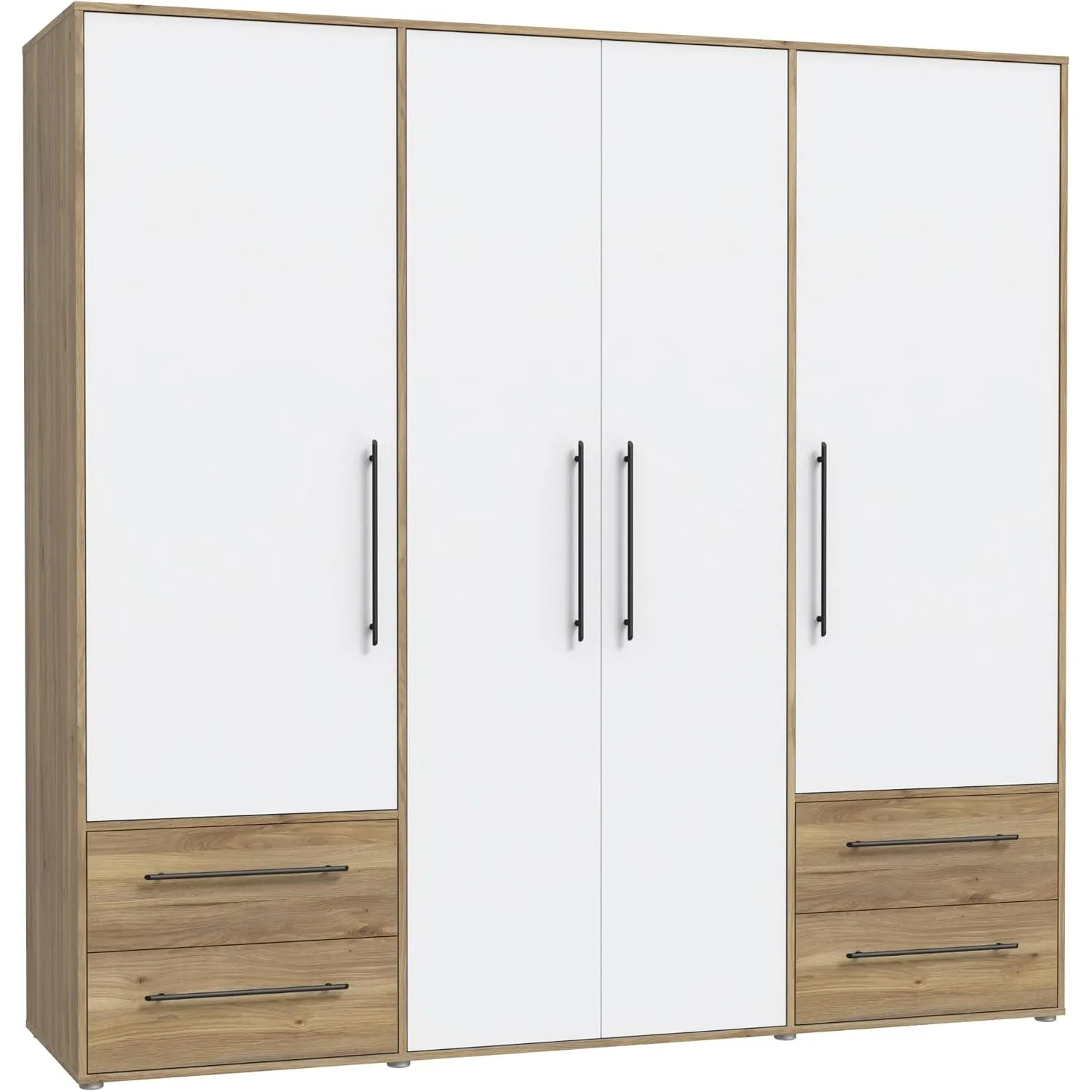 FORTE Jupiter Schrank 200 210, weißer Kleiderschrank, Drehtürenschrank, 4-türig, mit 4 Schubladen und Einlegeböden, Wei…