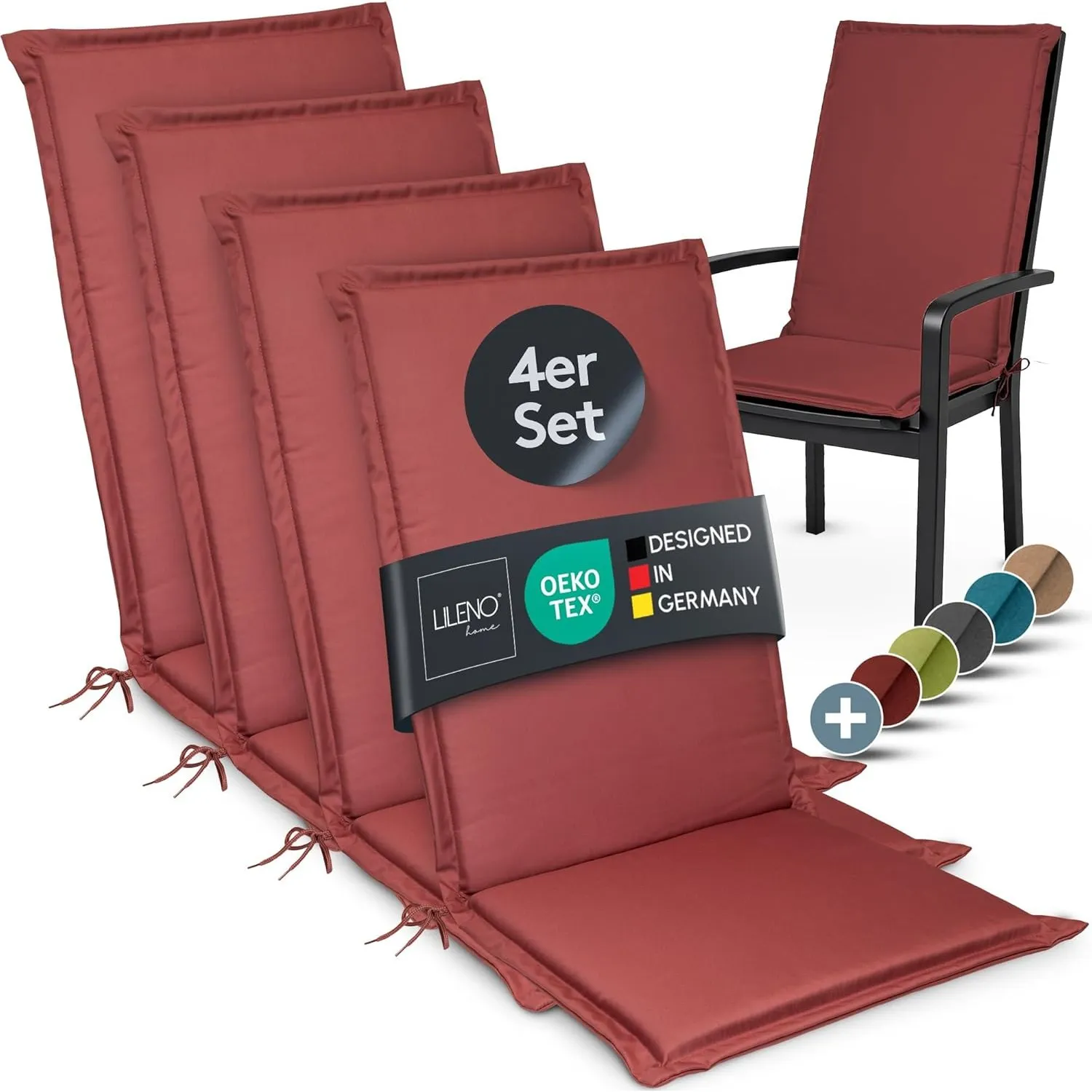 LILENO HOME Gartenstuhl Auflagen [4er Set - Hochlehner] in Rot - Bequeme Liegen als Sitzauflagen für Gartenmöbel - Stuh…