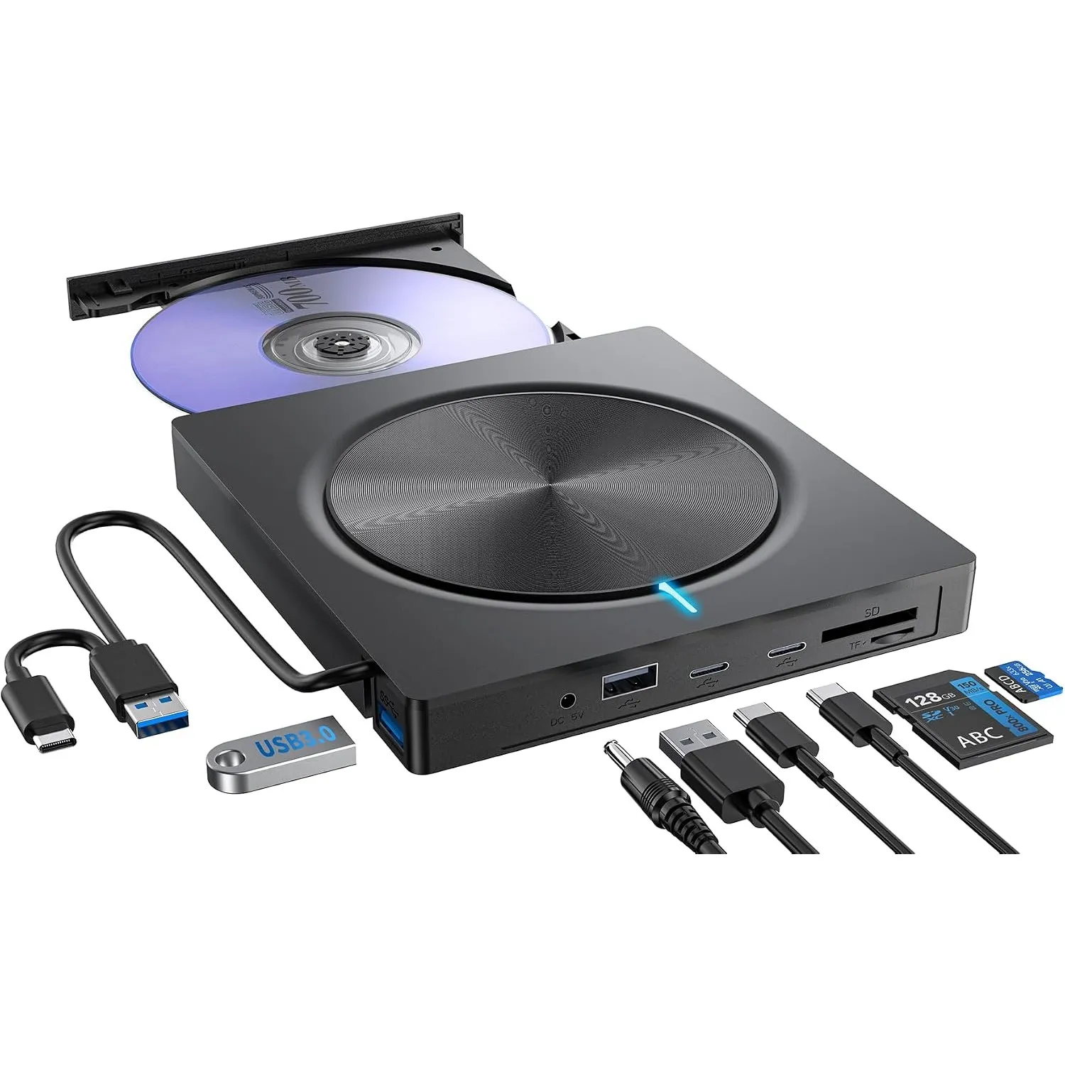 Externes CD DVD Laufwerk USB 3.0 Typ-C, DVD Laufwerk Extern mit SD/TF-Kartenleser 2*USB-C 2*USB-A Anschluss, Portable R…