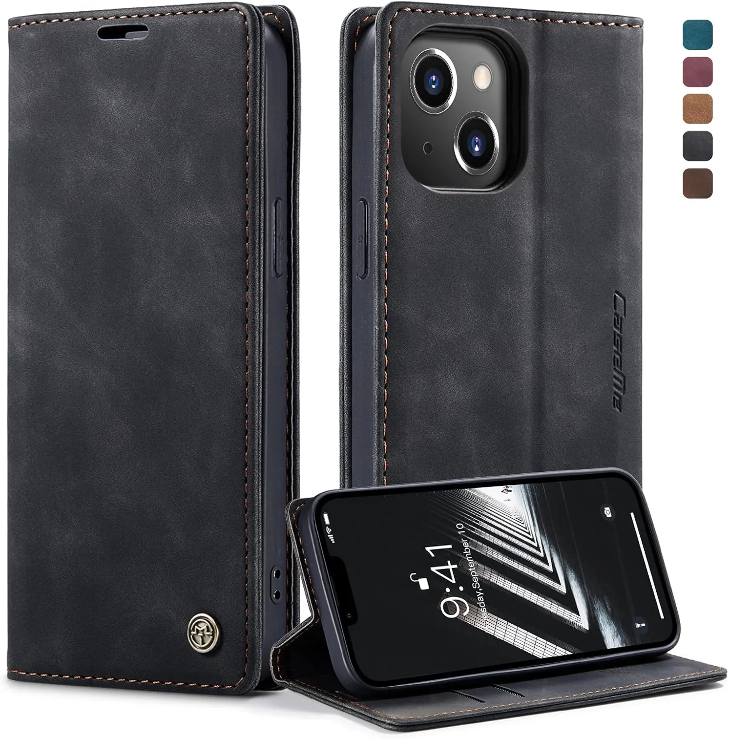 Handyhülle für iPhone 14 Hülle, Premium Lederhülle Weiches Vintage-Nubukleder Faltbare Ständer Klapphülle Kartenfach St…
